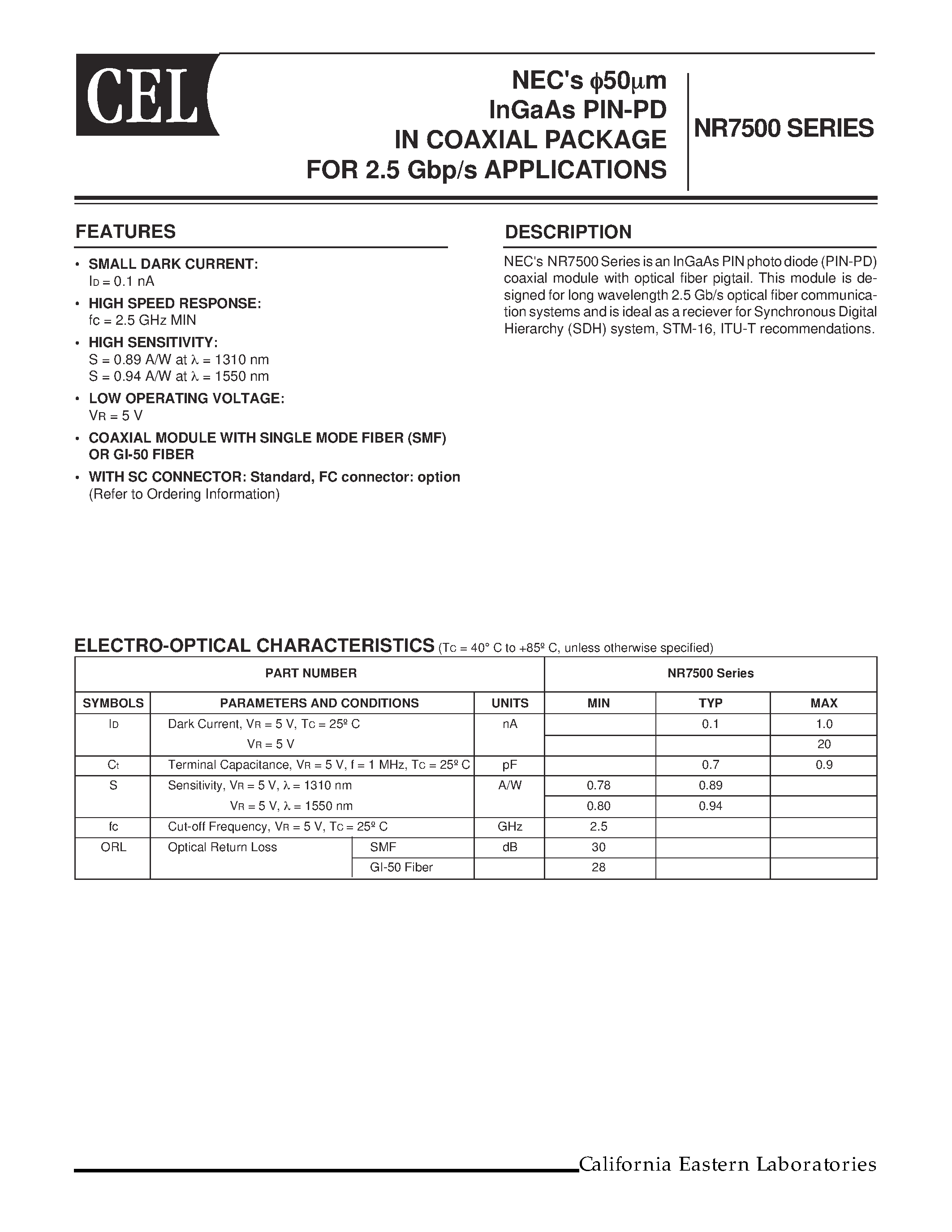 Datasheet NR7500FP-CC - InGaAs PIN-PD IN COAXIAL PACKAGE FOR 2.5 Gbp/s APPLICATIONS page 1