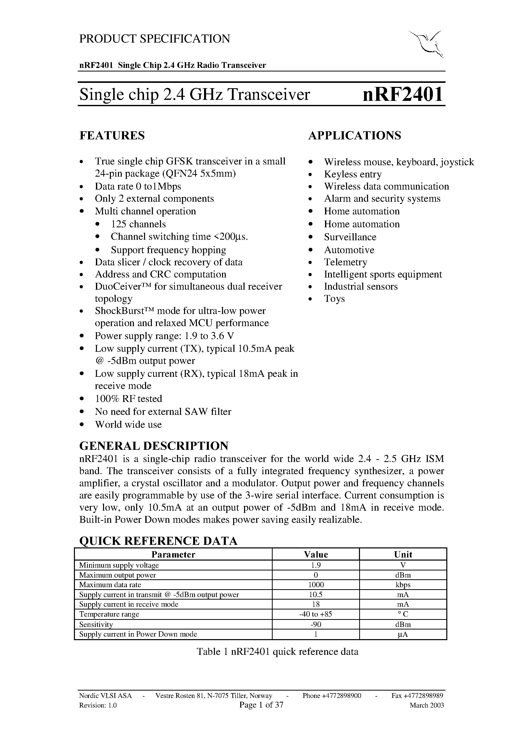 Datasheet NRF2401 - Single chip 2.4 GHz Transceiver page 1