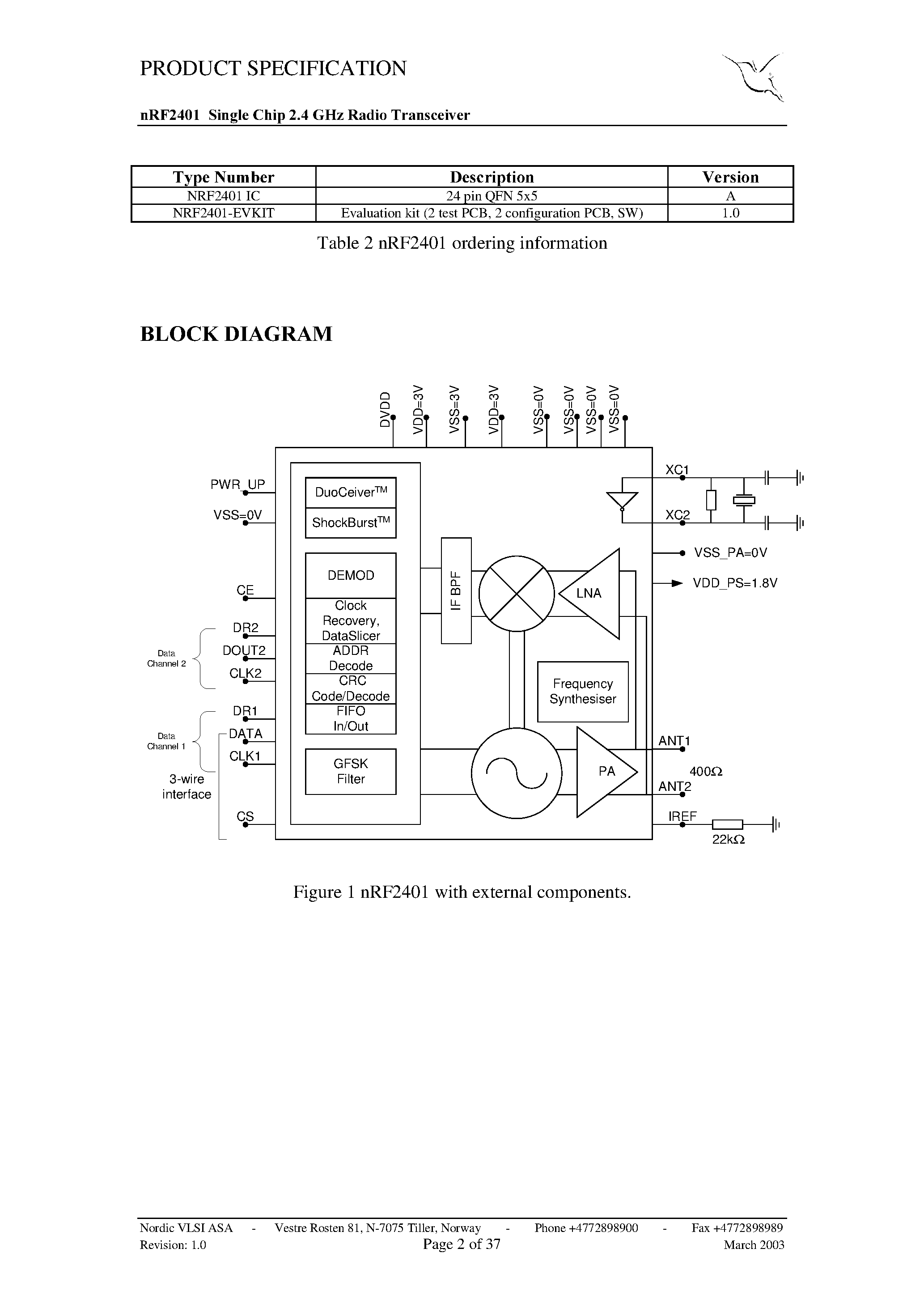 Datasheet NRF2401 - Single chip 2.4 GHz Transceiver page 2