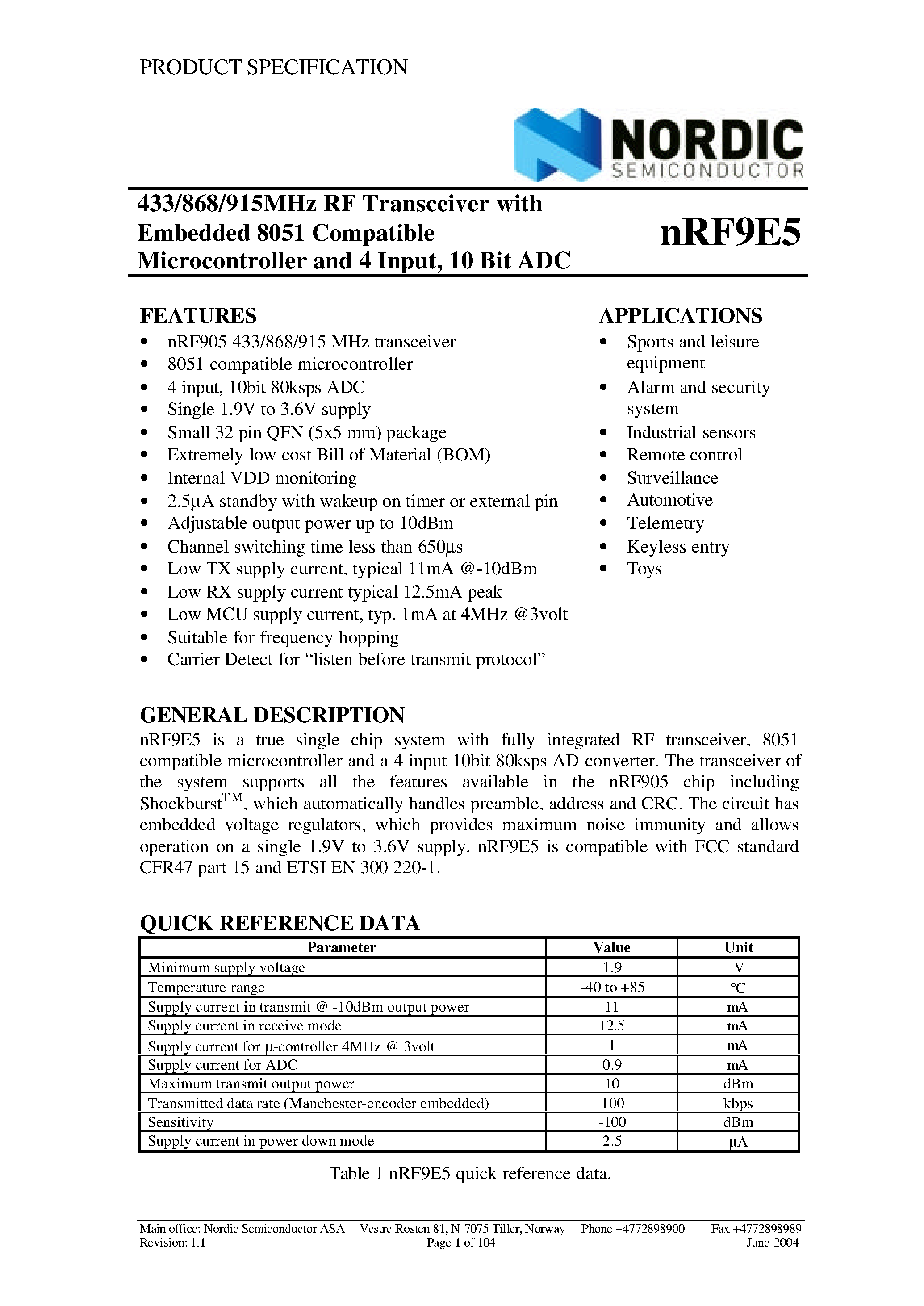Datasheet NRF9E5 - 433/868/915MHz RF Transceiver with Embedded 8051 Compatible Microcontroller and 4 Input / 10 Bit ADC page 1