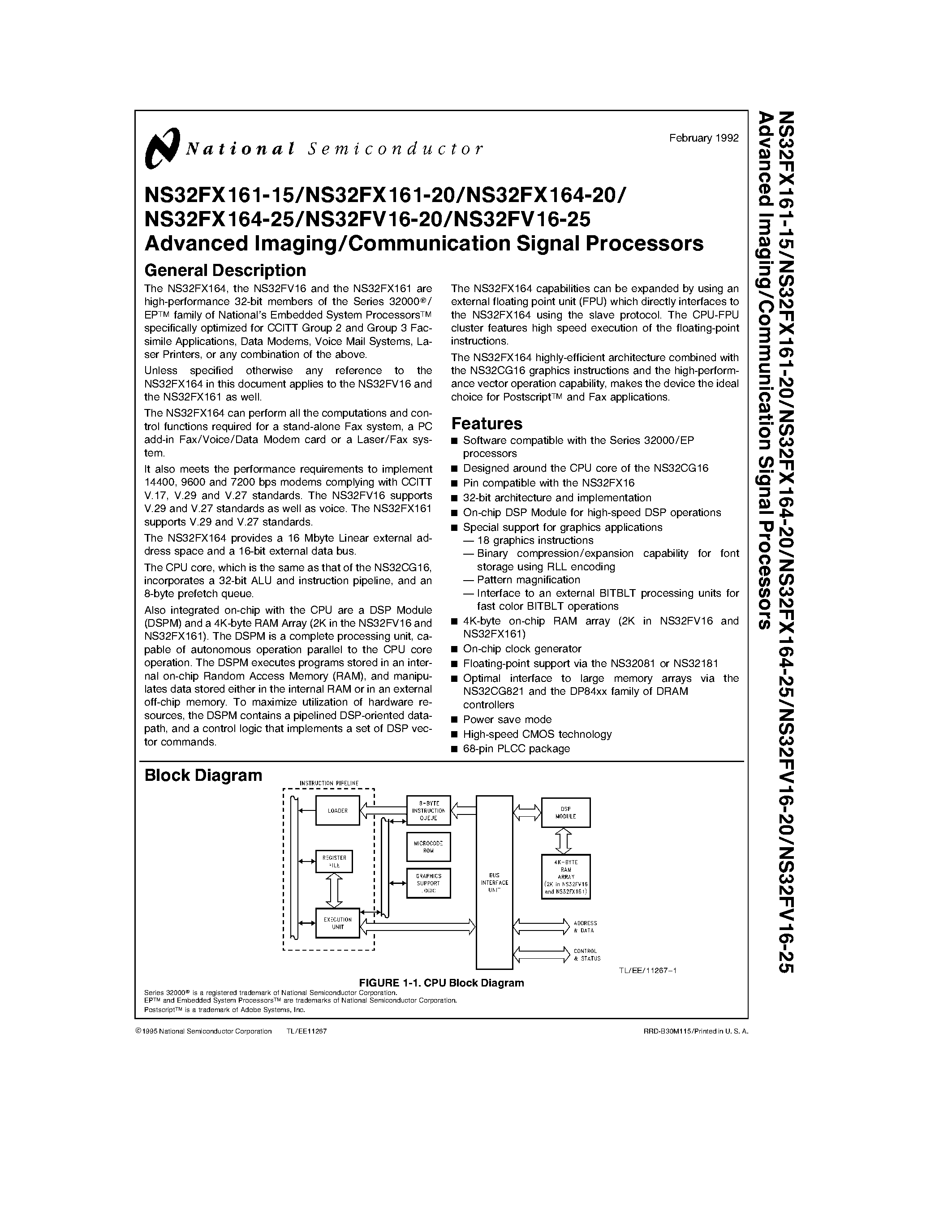 Datasheet NS32FX164V-25 - Advanced Imaging/Communication Signal Processors page 1