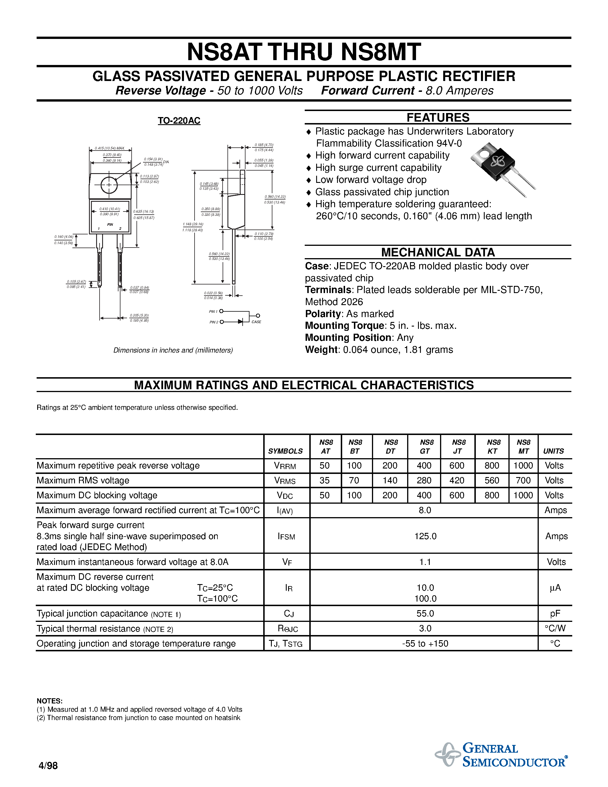 Даташит NS8KT - GLASS PASSIVATED GENERAL PURPOSE PLASTIC RECTIFIER страница 1
