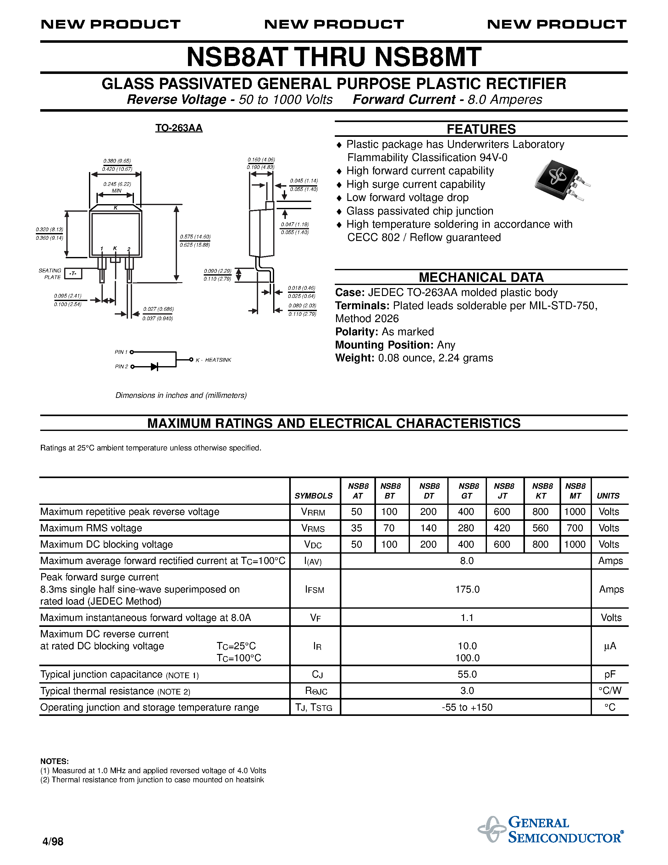 Даташит NSB8GT - GLASS PASSIVATED GENERAL PURPOSE PLASTIC RECTIFIER страница 1
