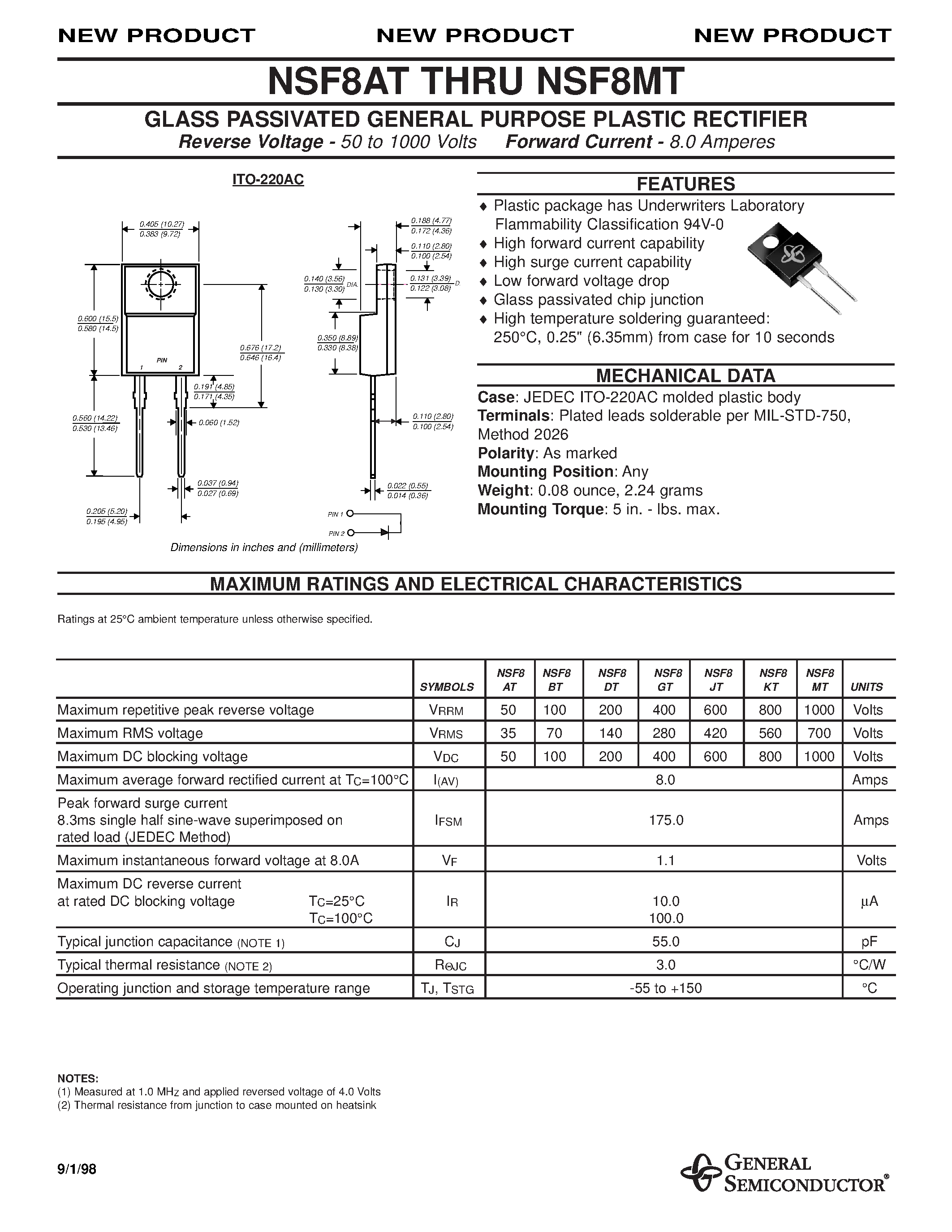 Даташит NSF8MT - GLASS PASSIVATED GENERAL PURPOSE PLASTIC RECTIFIER страница 1