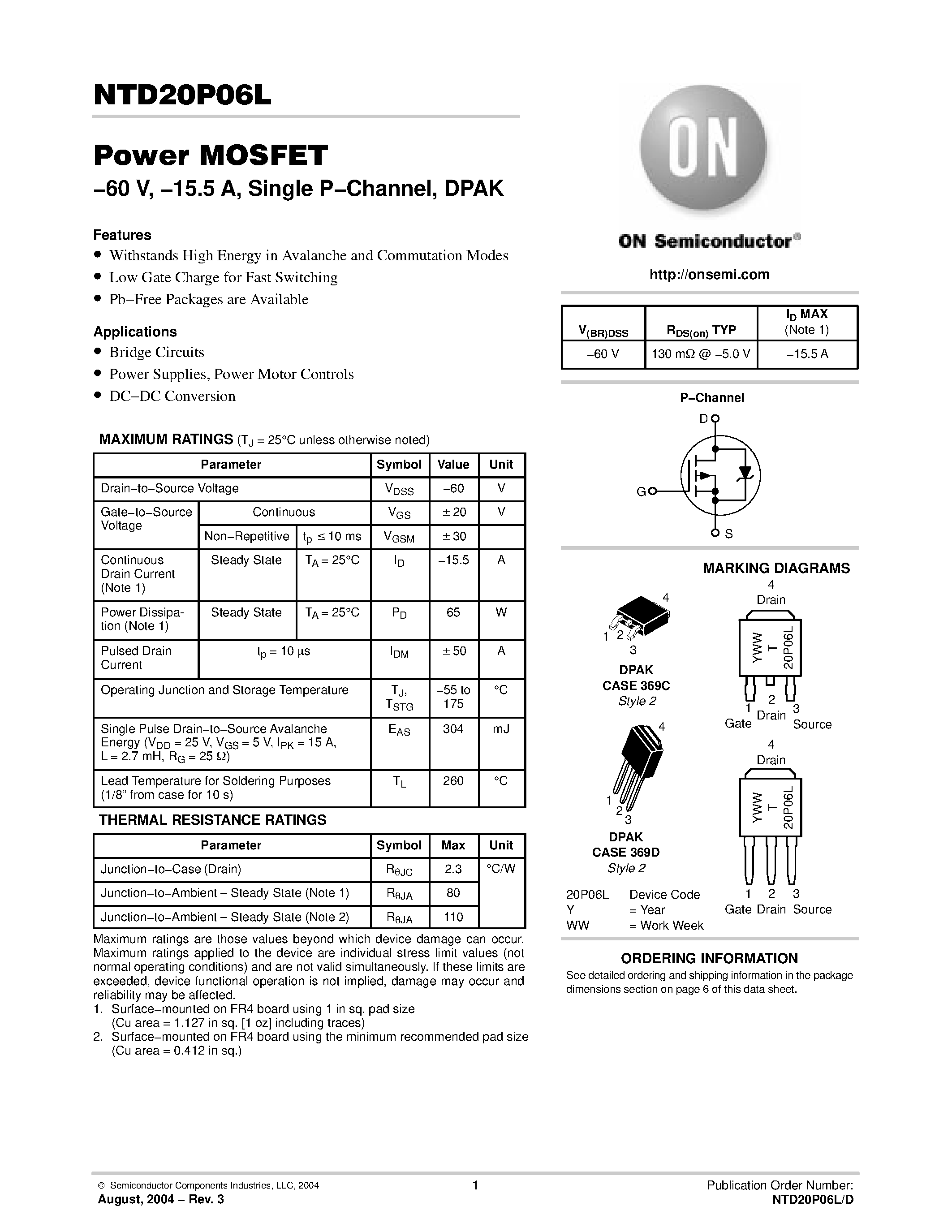 Даташит NTD20P06LT4 - Power MOSFET -60 V / -15.5 A / Single P-Channel / DPAK страница 1