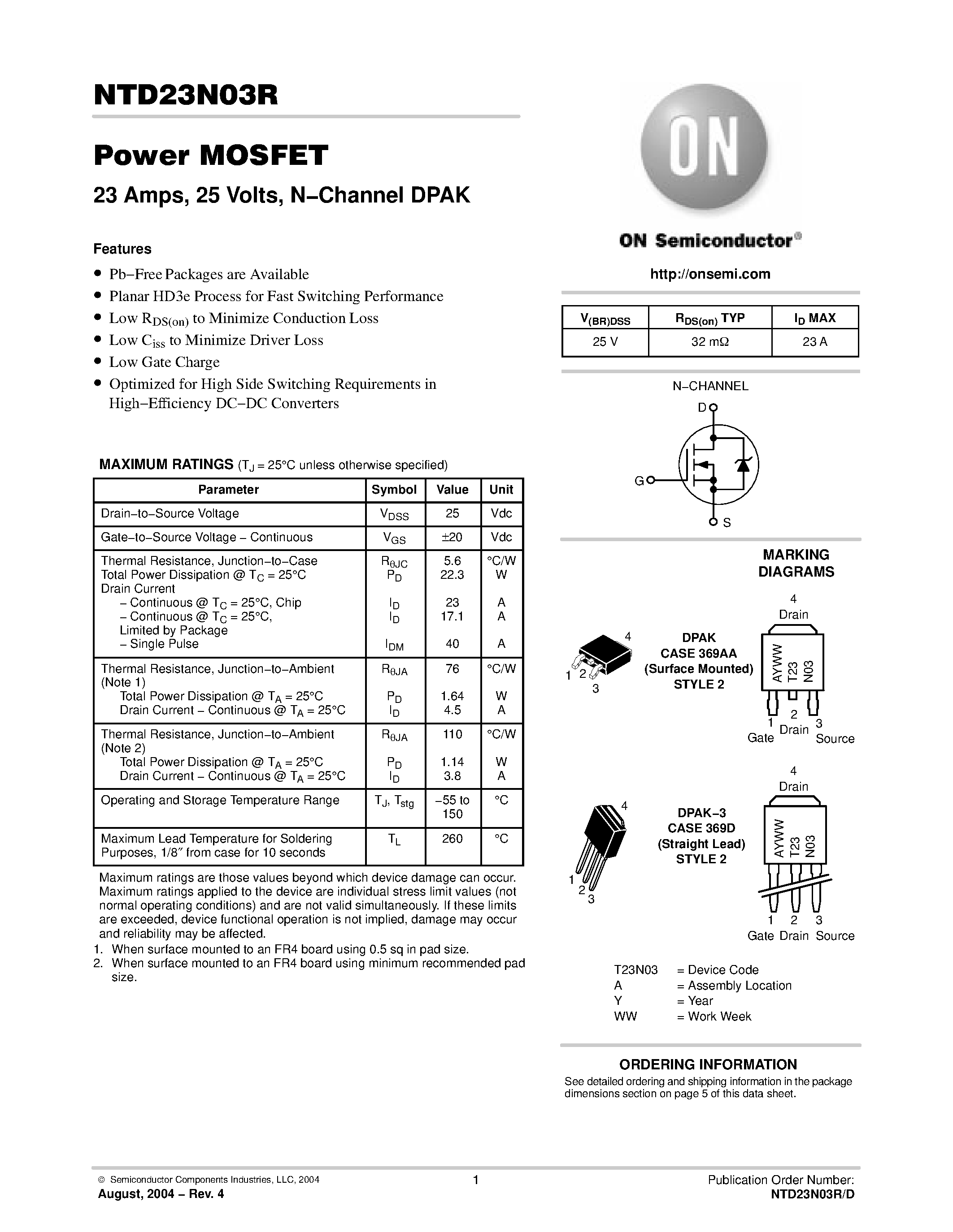 Datasheet NTD23N03R-1G - 23 Amps / 25 Volts / N-Channel DPAK page 1