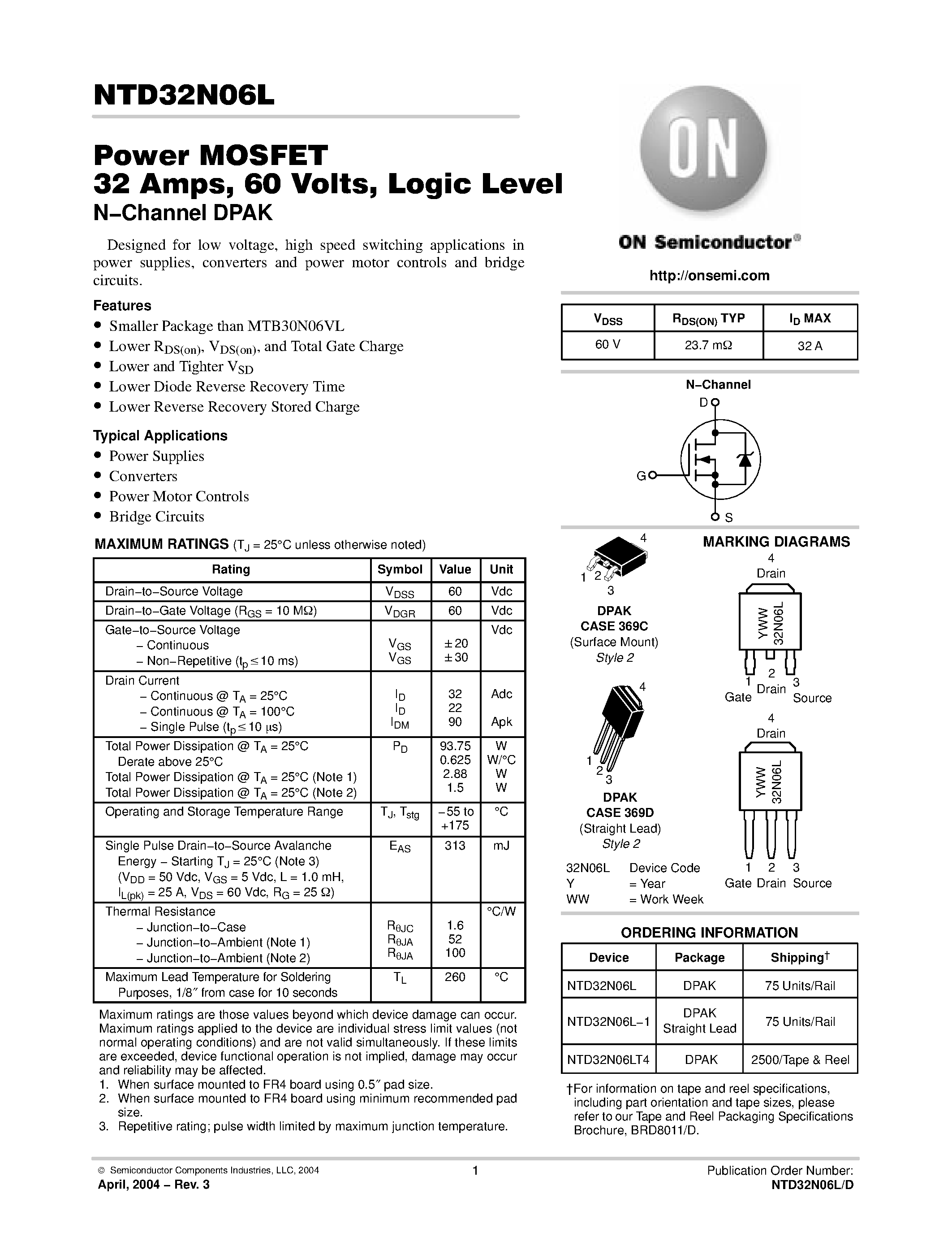 Datasheet NTD32N06LT4 - Power MOSFET 32 Amps / 60 Volts / Logic Level(N-Channel DPAK) page 1