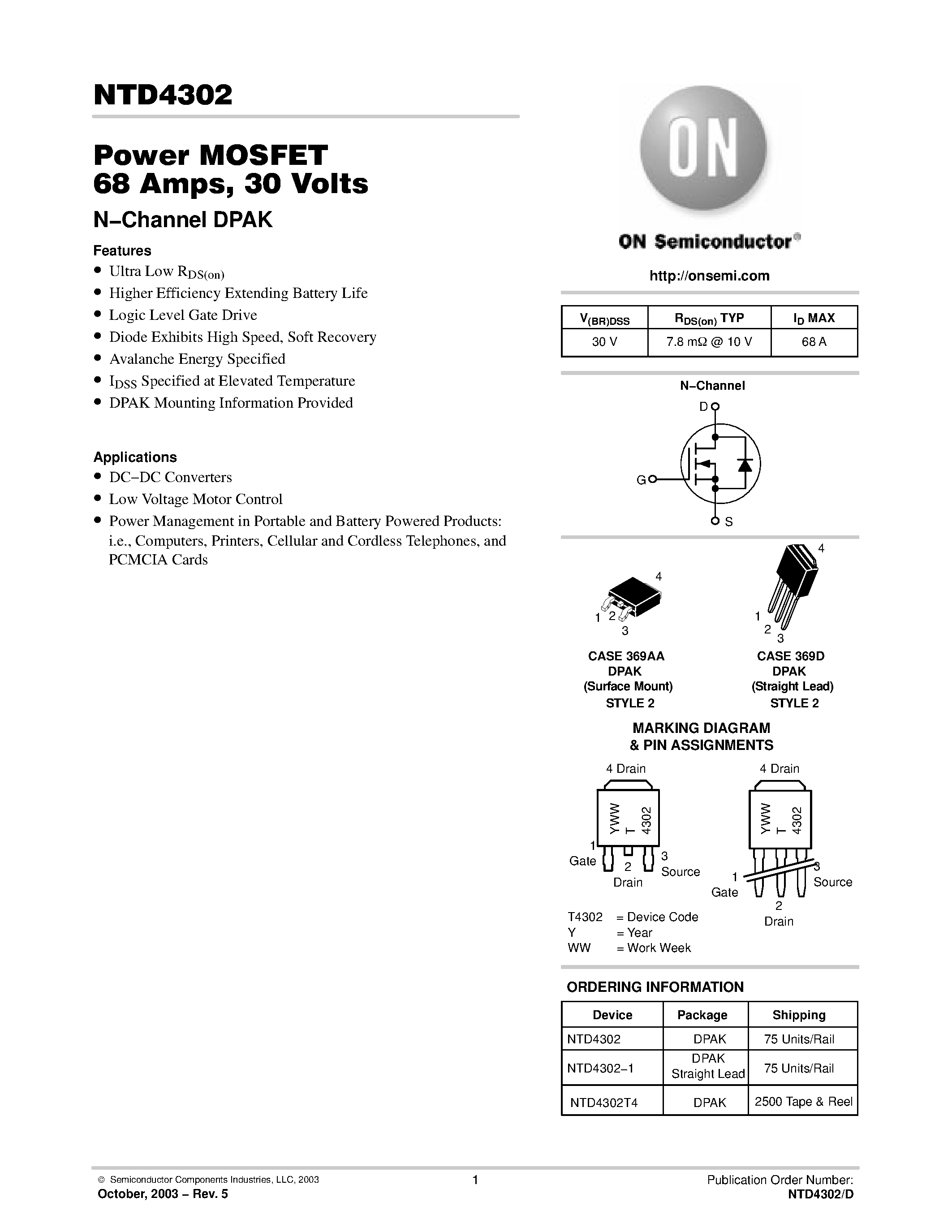 Datasheet NTD4302 - Power MOSFET 68 Amps / 30 Volts(N-Channel DPAK) page 1