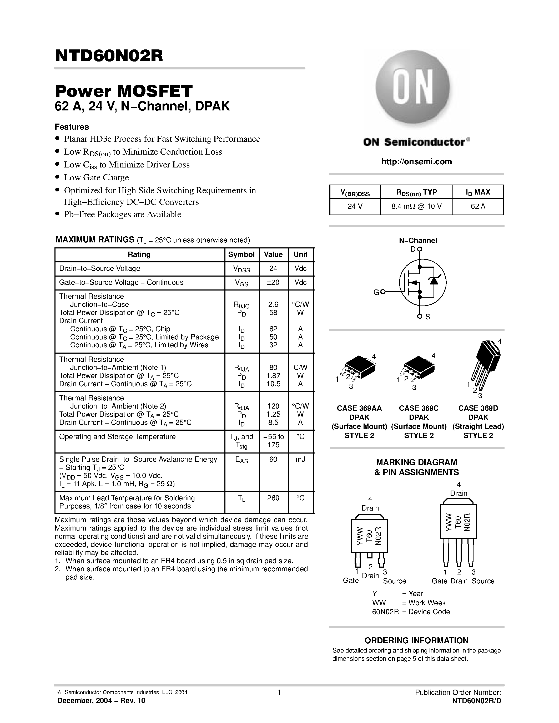 Даташит на микросхему NTD60N02R страница 1 Даташит NTD60N02R - Power MOSFET 62 A / 24 V / N-Channel / DPAK страница 1