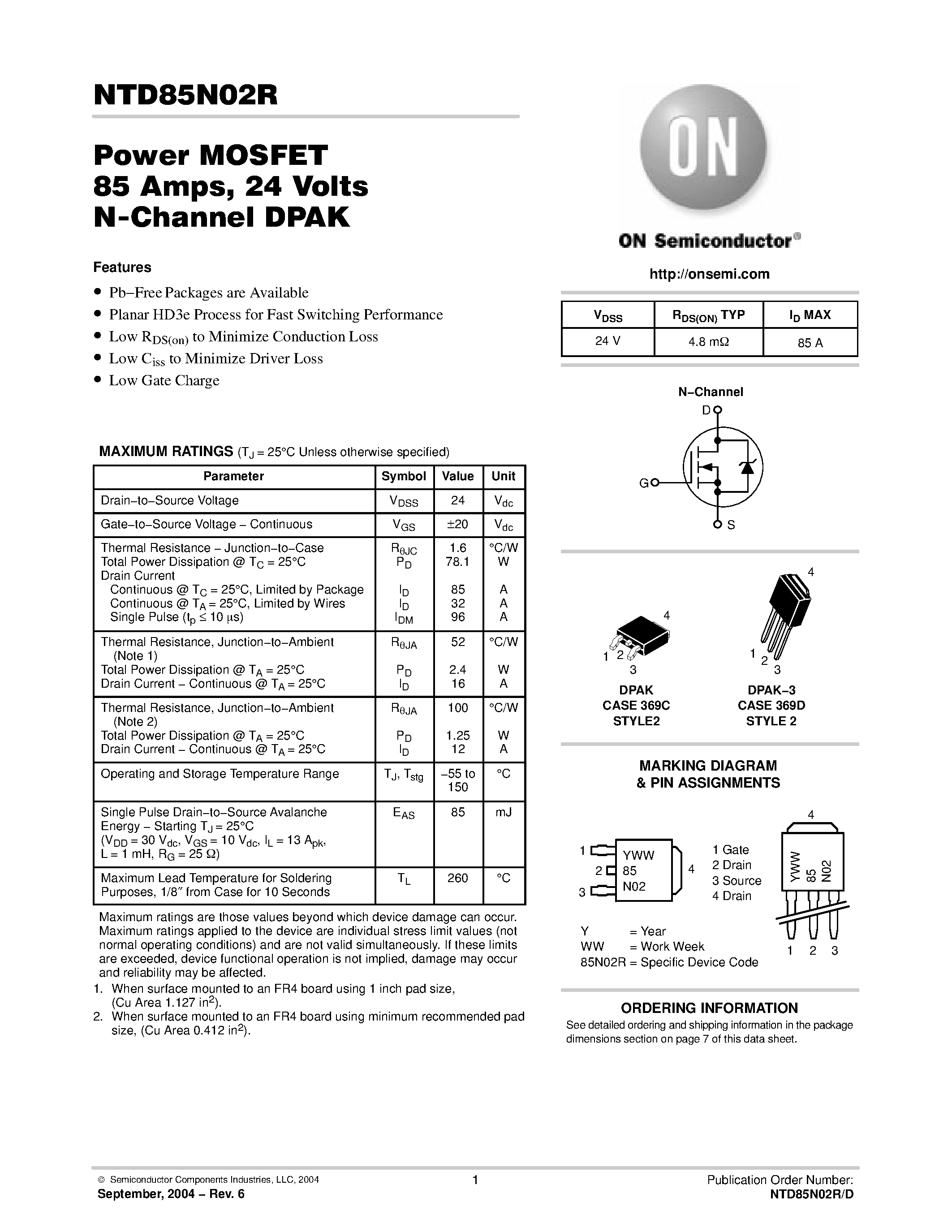 Datasheet NTD85N02RG - Power MOSFET 85 Amps / 24 Volts N-Channel DPAK page 1