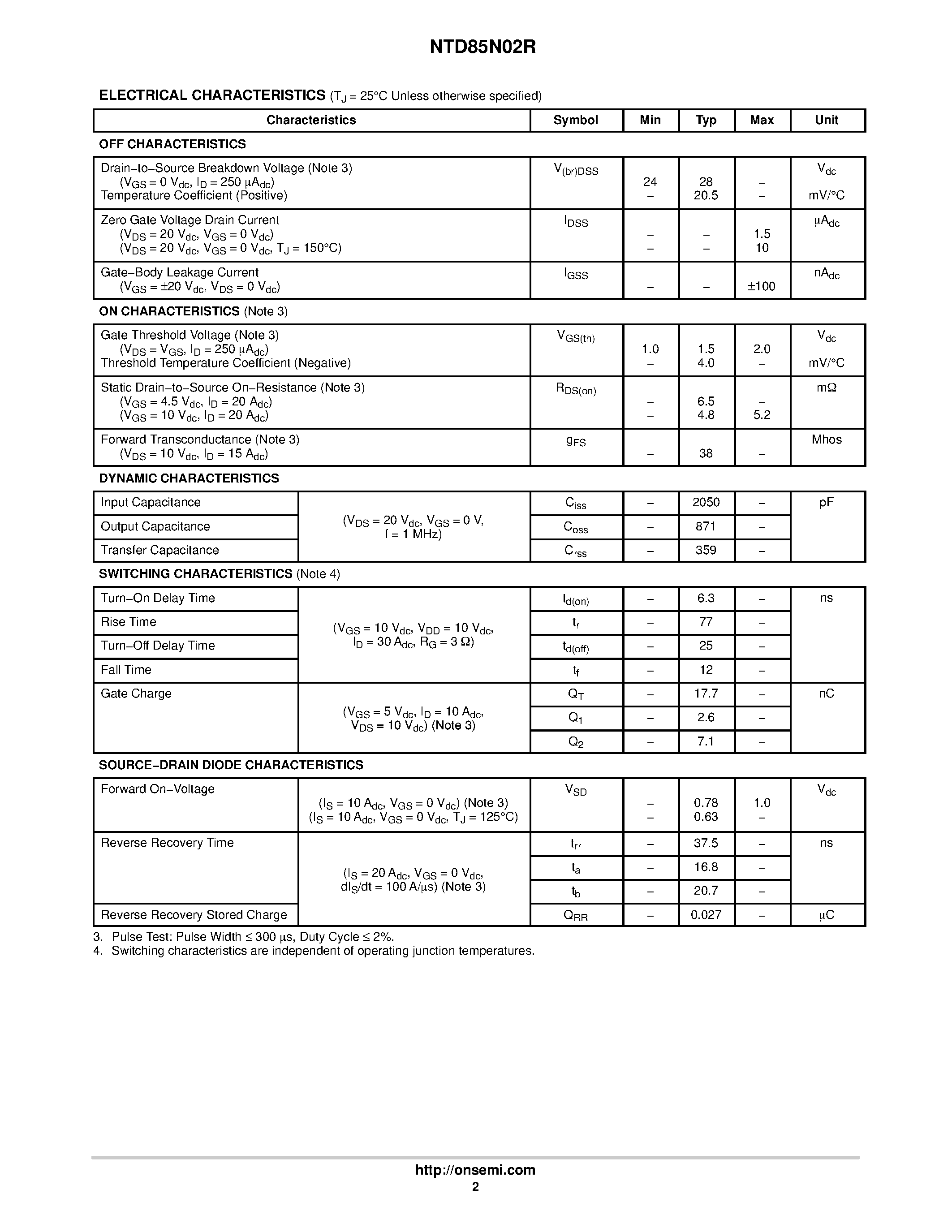 Datasheet NTD85N02RG - Power MOSFET 85 Amps / 24 Volts N-Channel DPAK page 2