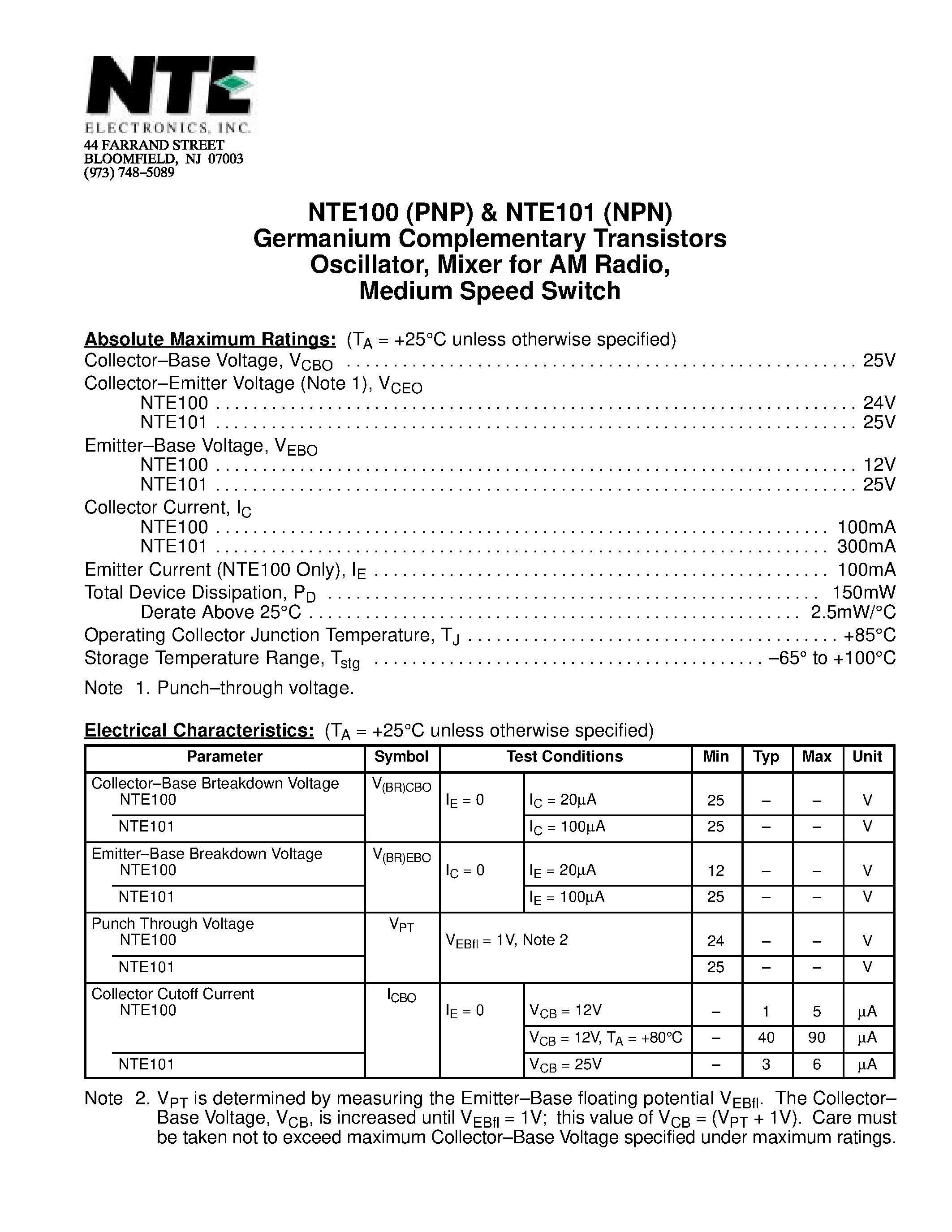 Datasheet NTE100 - Germanium Complementary Transistors Oscillator / Mixer for AM Radio / Medium Speed Switch page 1