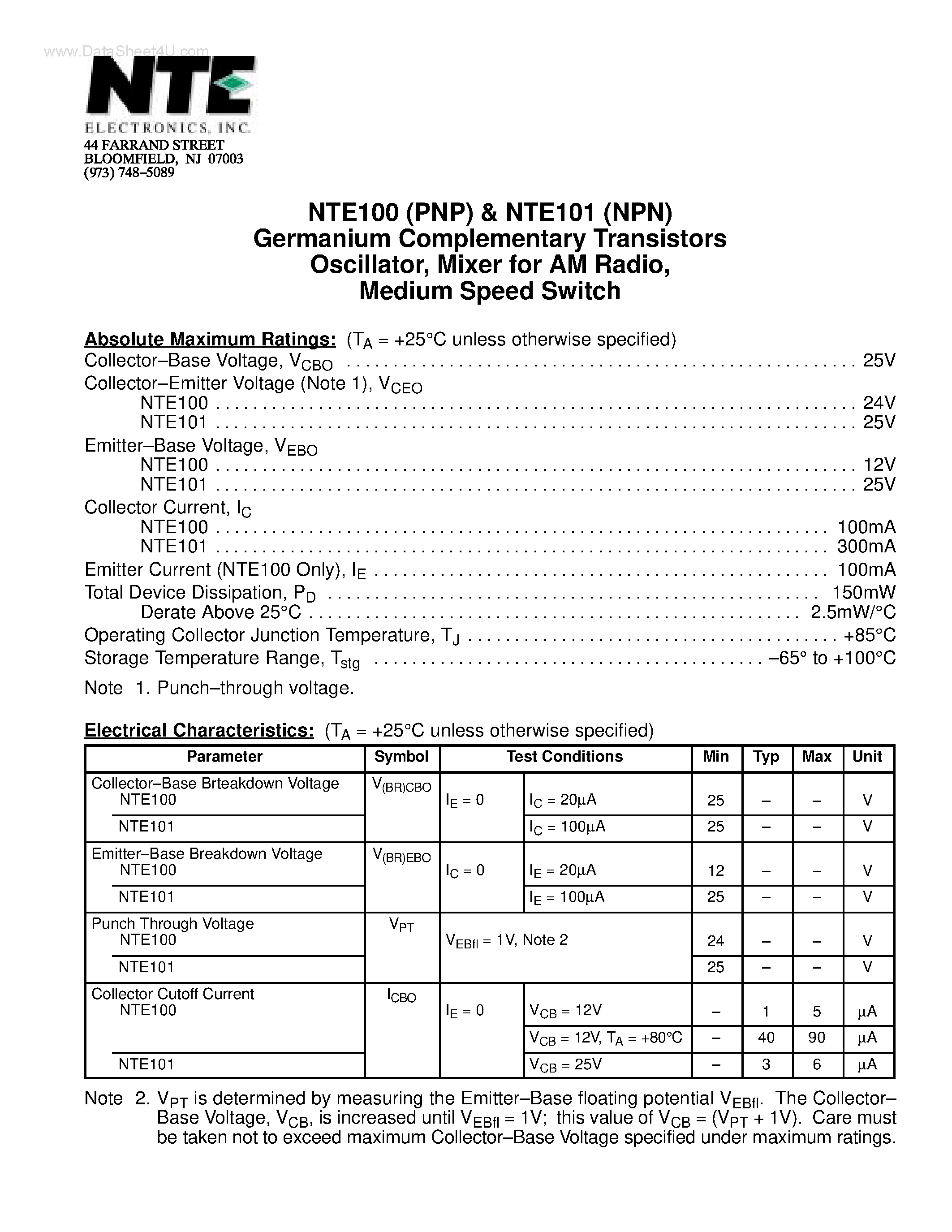 Datasheet NTE100(PNP) - Germanium Complementary Transistors Oscillator / Mixer for AM Radio / Medium Speed Switch page 1