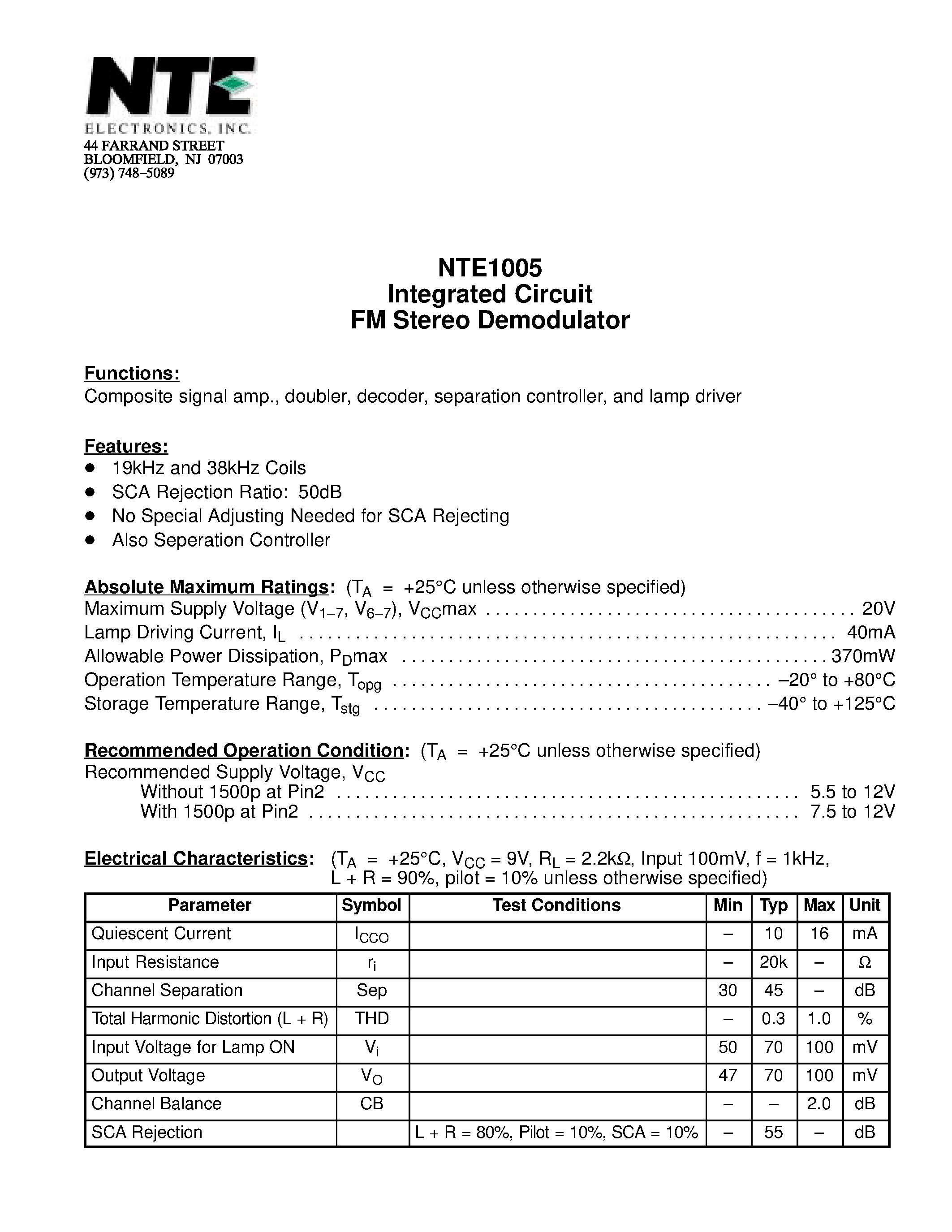 Даташит NTE1005 - Integrated Circuit FM Stereo Demodulator страница 1