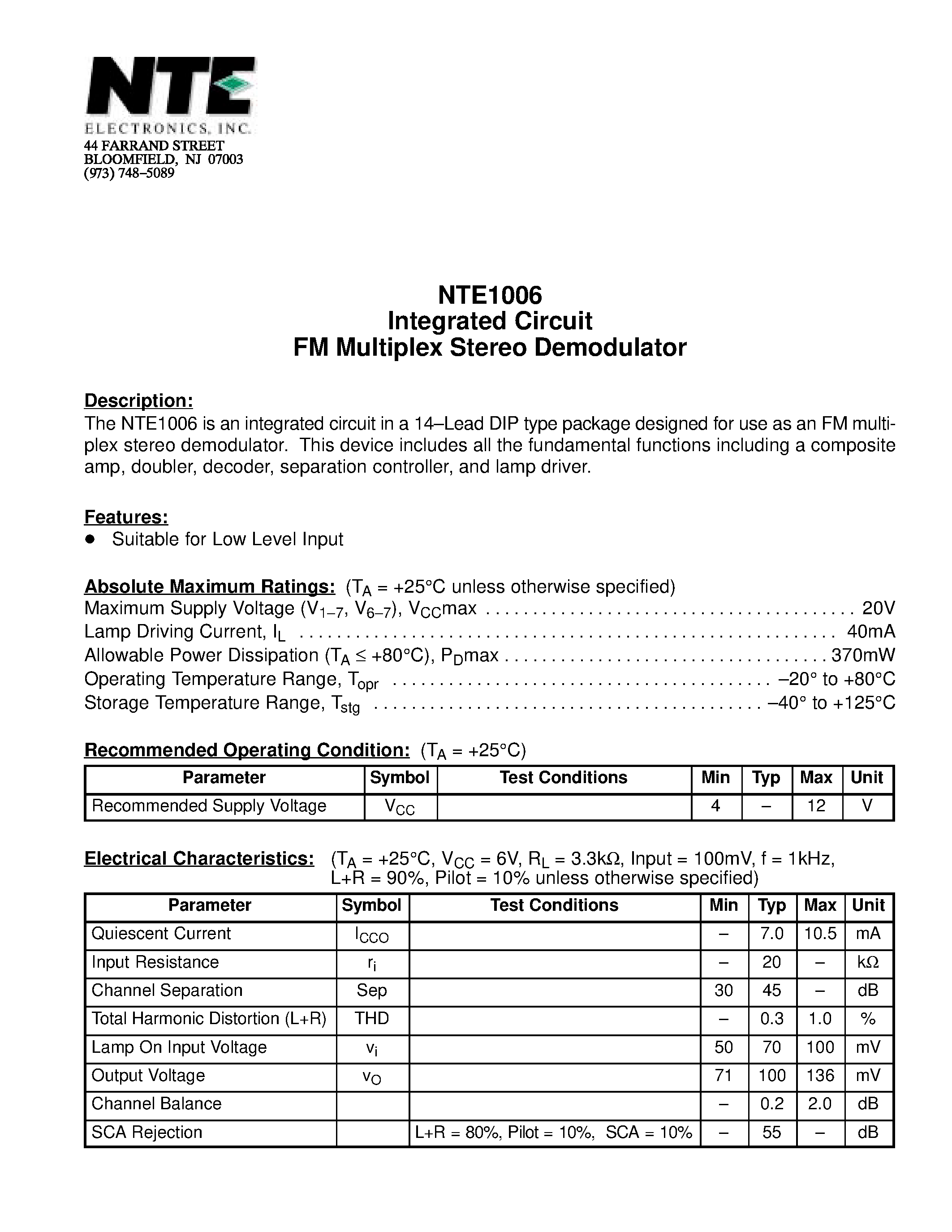 Даташит NTE1006 - Integrated Circuit FM Multiplex Stereo Demodulator страница 1