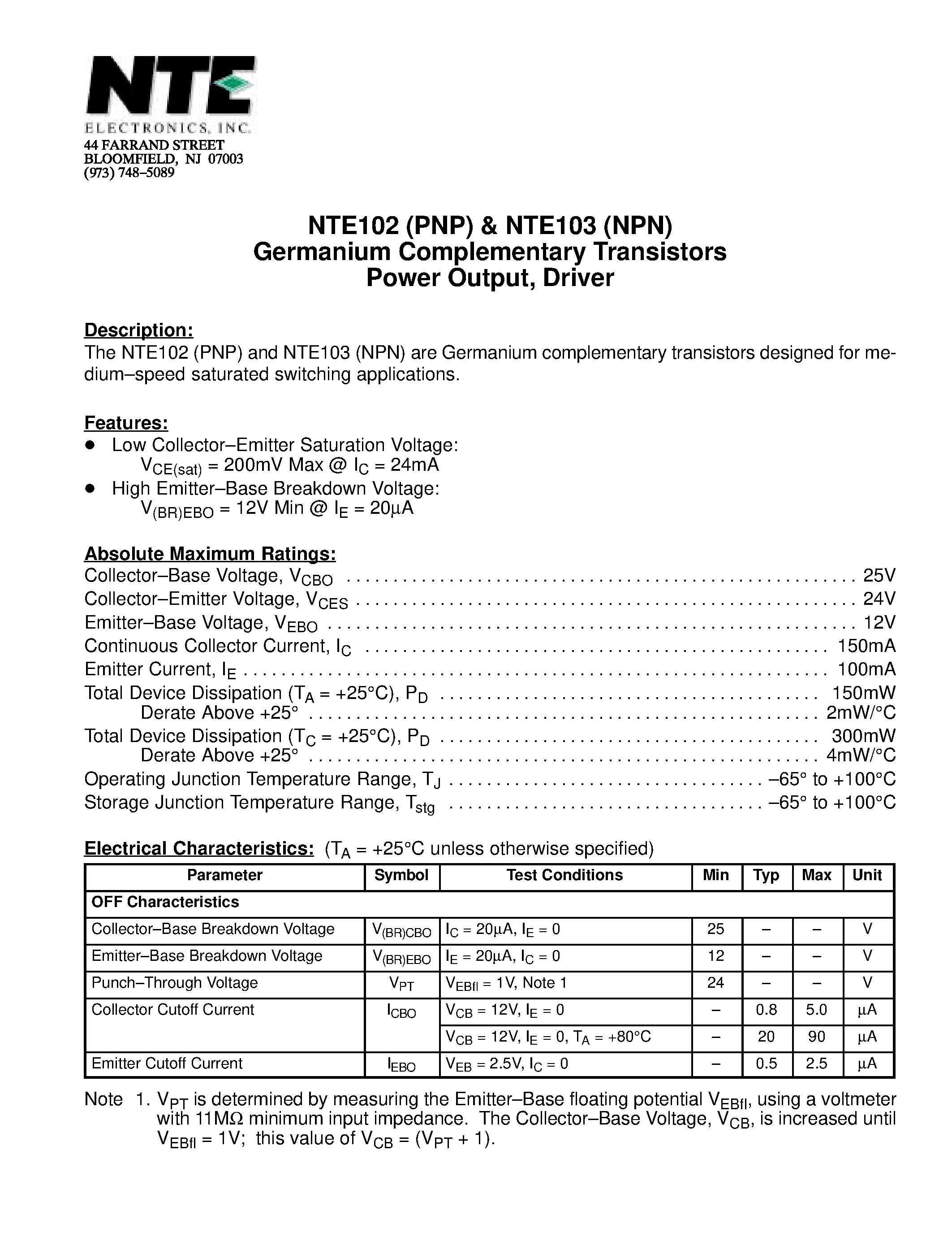 Datasheet NTE102 - Germanium Complementary Transistors Power Output / Driver page 1