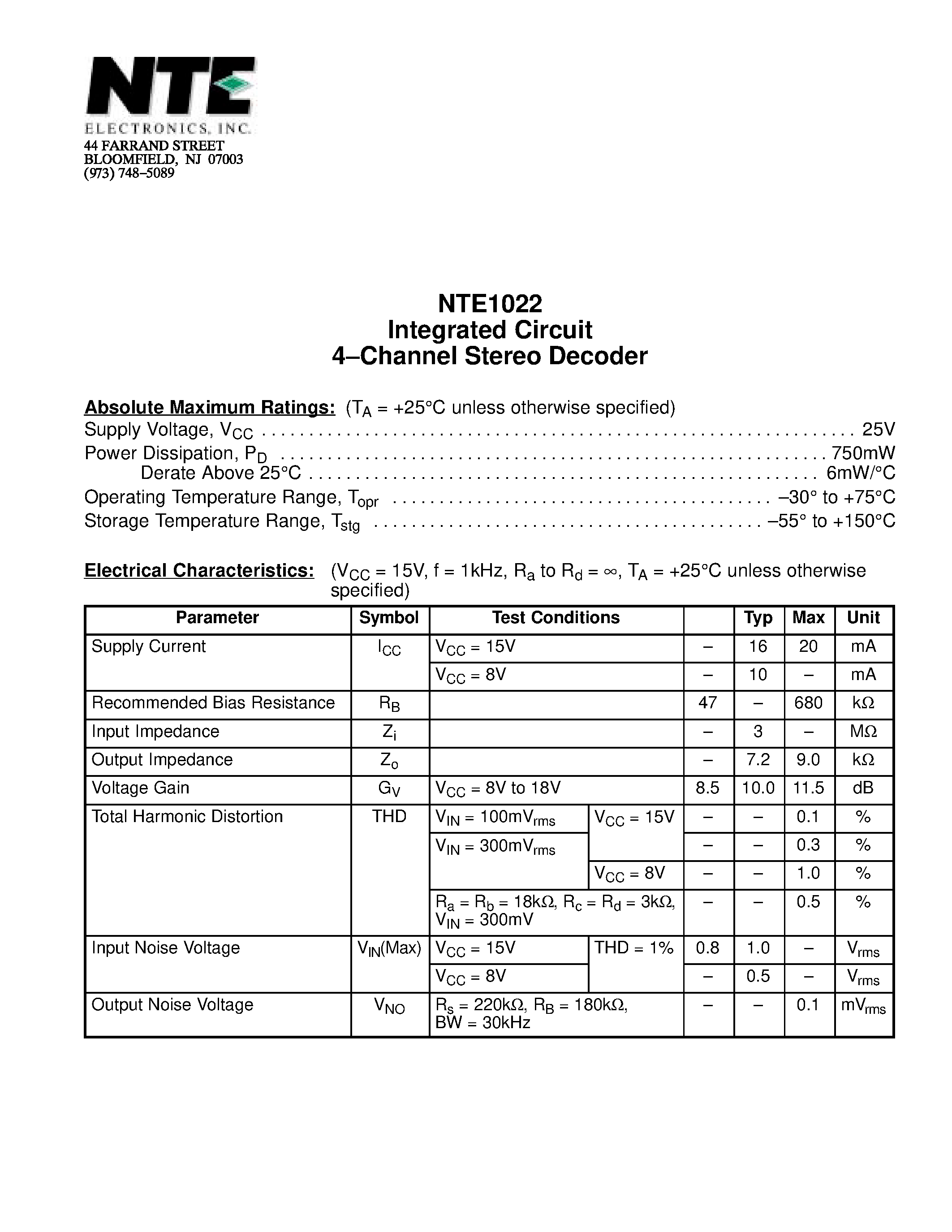 Datasheet NTE1022 - Integrated Circuit 4-Channel Stereo Decoder page 1