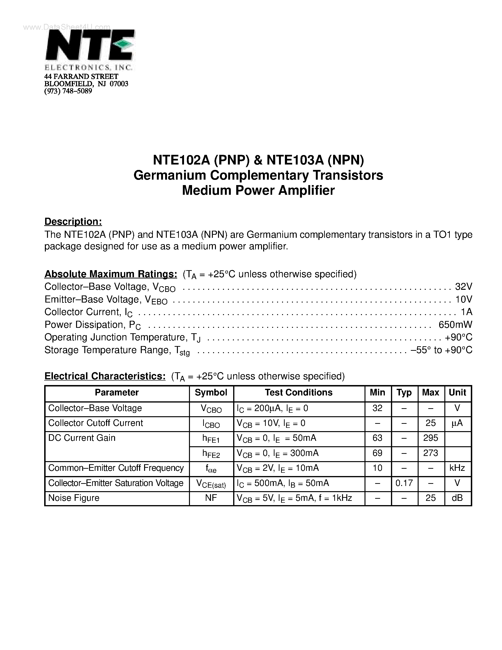 Datasheet NTE102A - Germanium Complementary Transistors Medium Power Amplifier page 1