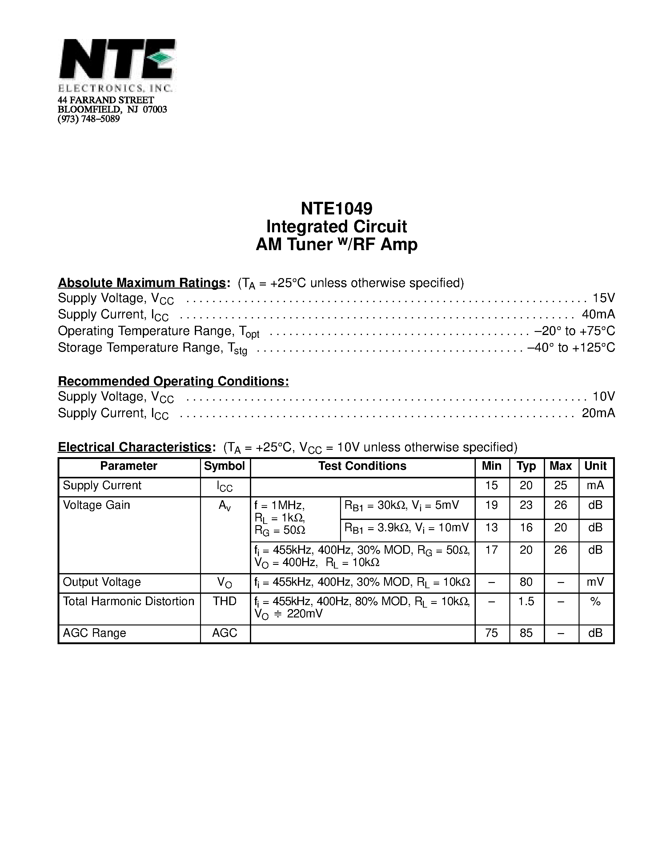Datasheet NTE1049 - Integrated Circuit AM Tuner w/RF Amp page 1