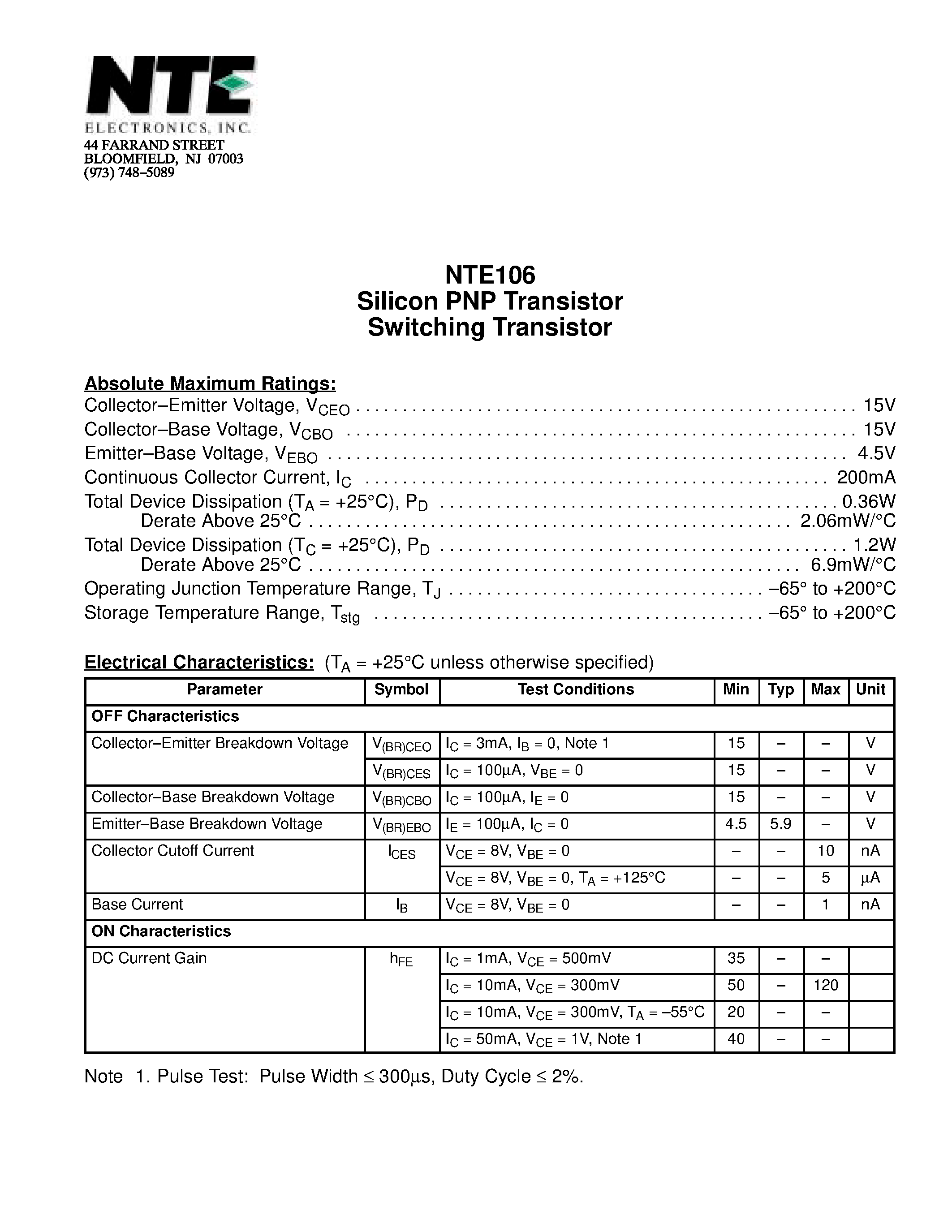 Datasheet NTE106 - Silicon PNP Transistor Switching Transistor page 1