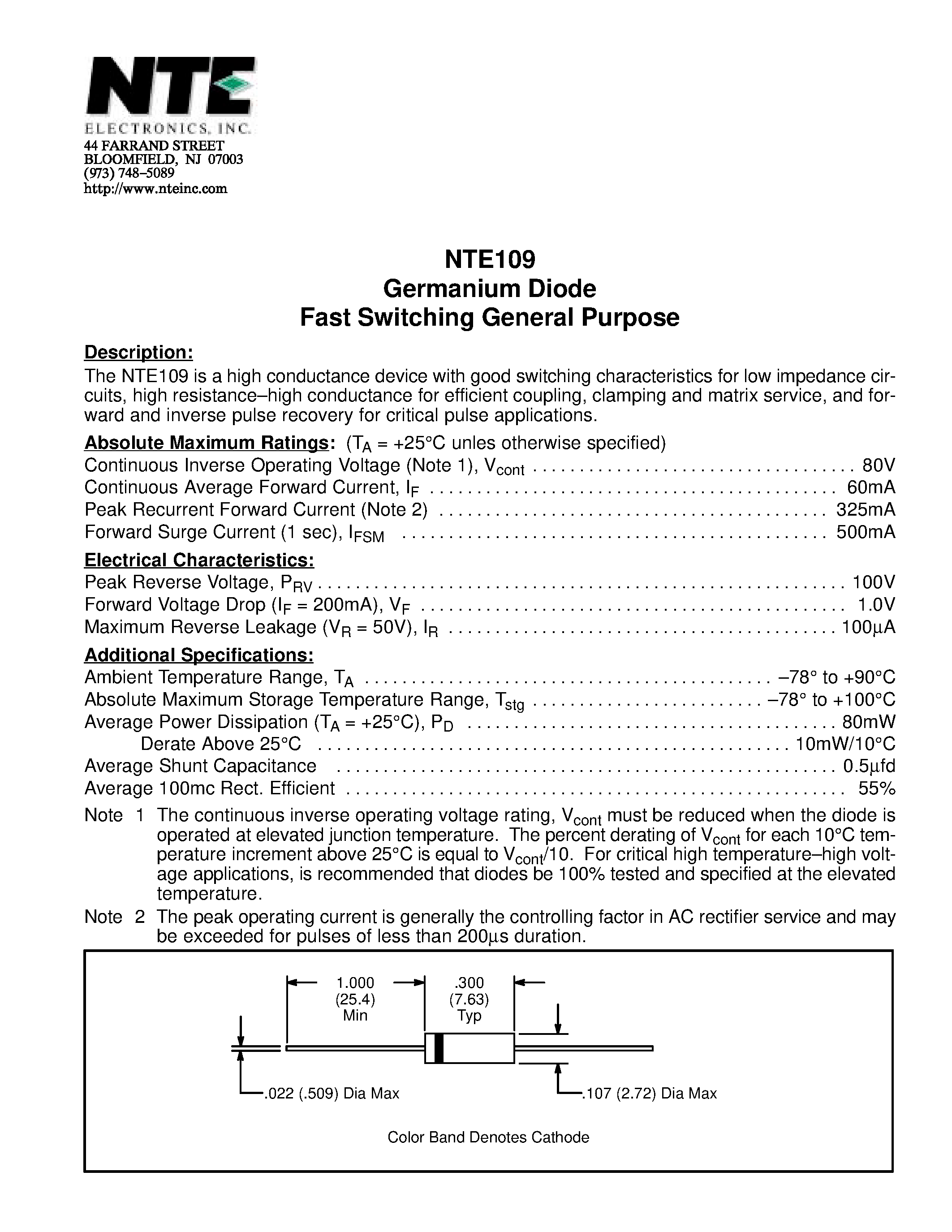 Datasheet NTE109 page 1 Datasheet NTE109 - Germanium Diode Fast Switching General Purpose page 1