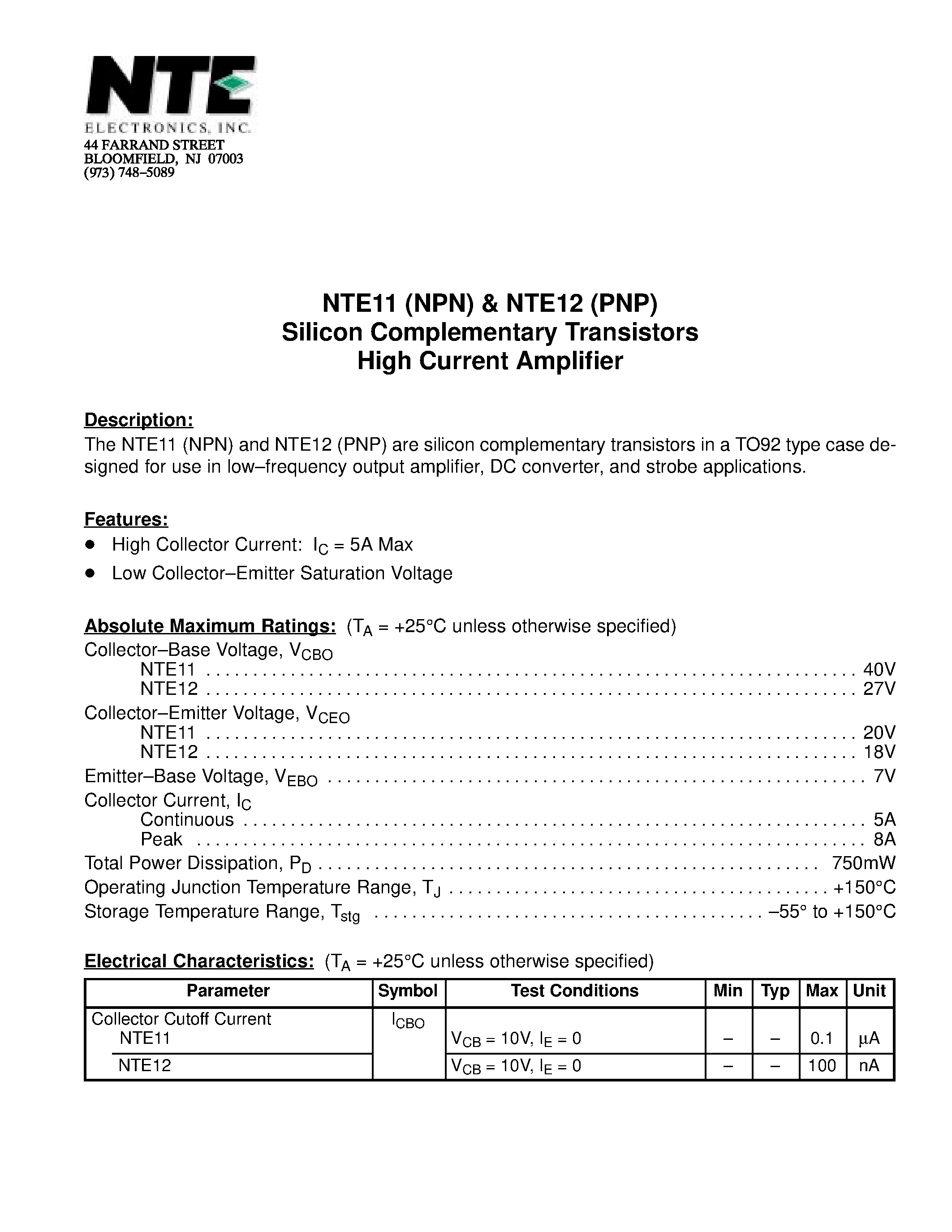 Datasheet NTE11 - Silicon Complementary Transistors High Current Amplifier page 1