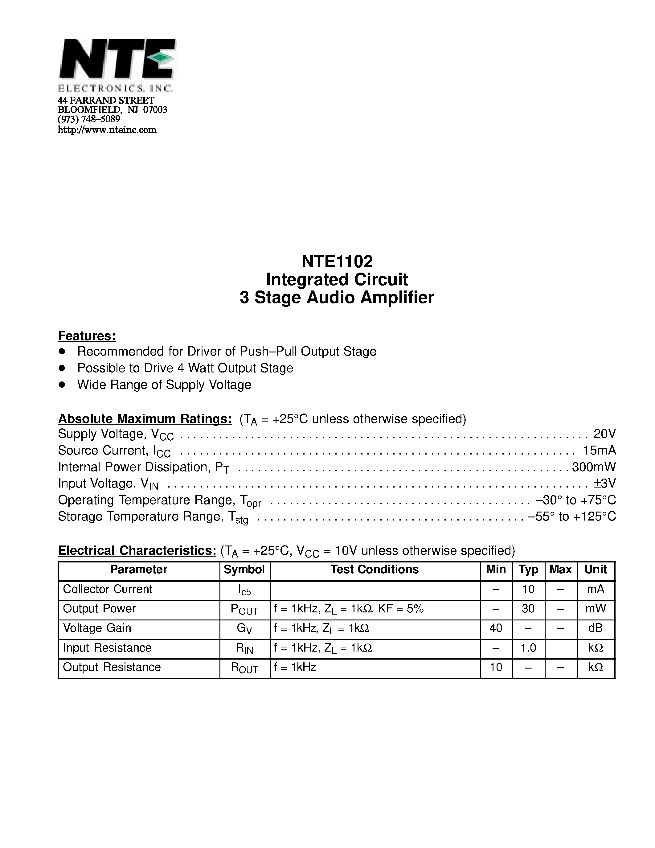 Datasheet NTE1102 page 1 Datasheet NTE1102 - Integrated Circuit 3 Stage Audio Amplifier page 1