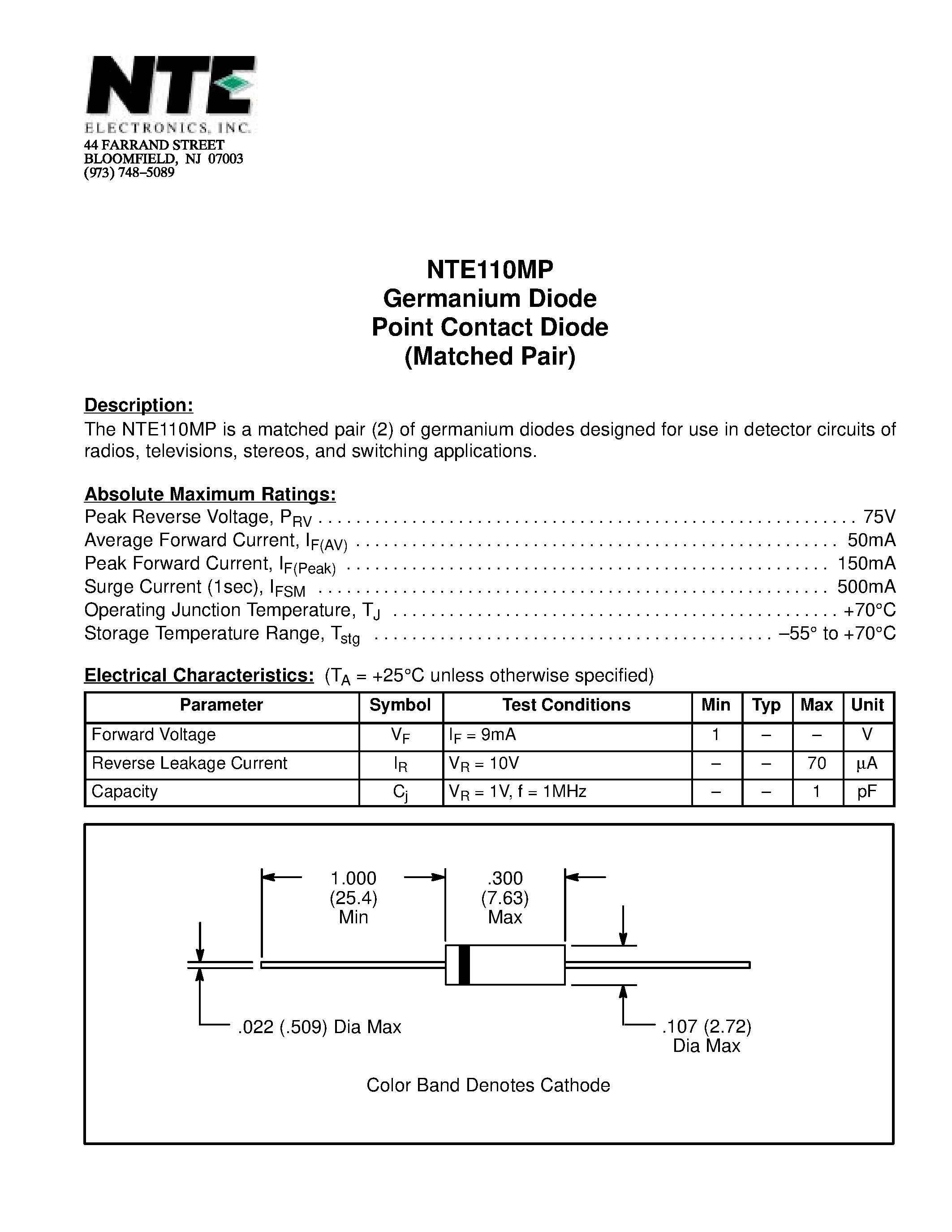 Datasheet NTE110MP - Germanium Diode Point Contact Diode(Matched Pair) page 1