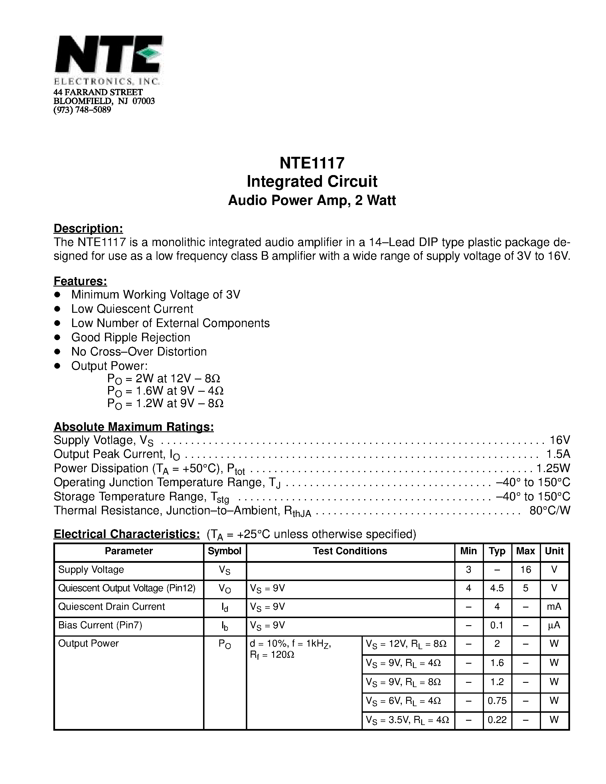 Datasheet NTE1117 - Integrated Circuit Audio Power Amp / 2 Watt page 1