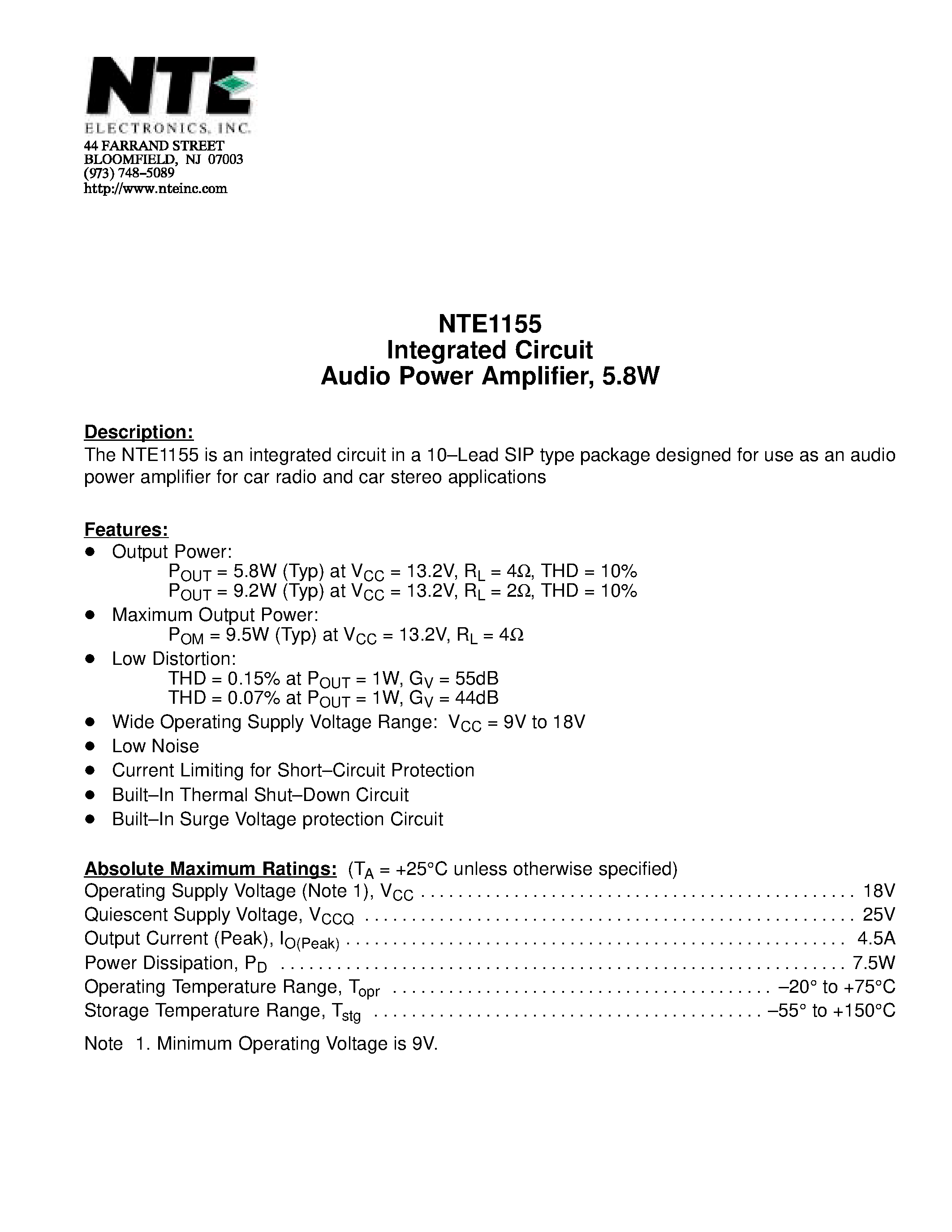 Datasheet NTE1155 - Integrated Circuit Audio Power Amplifier / 5.8W page 1
