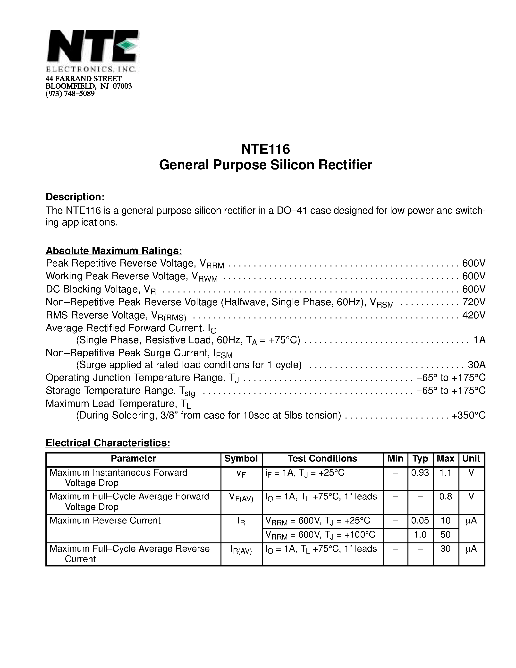 Даташит NTE116 - General Purpose Silicon Rectifier страница 1