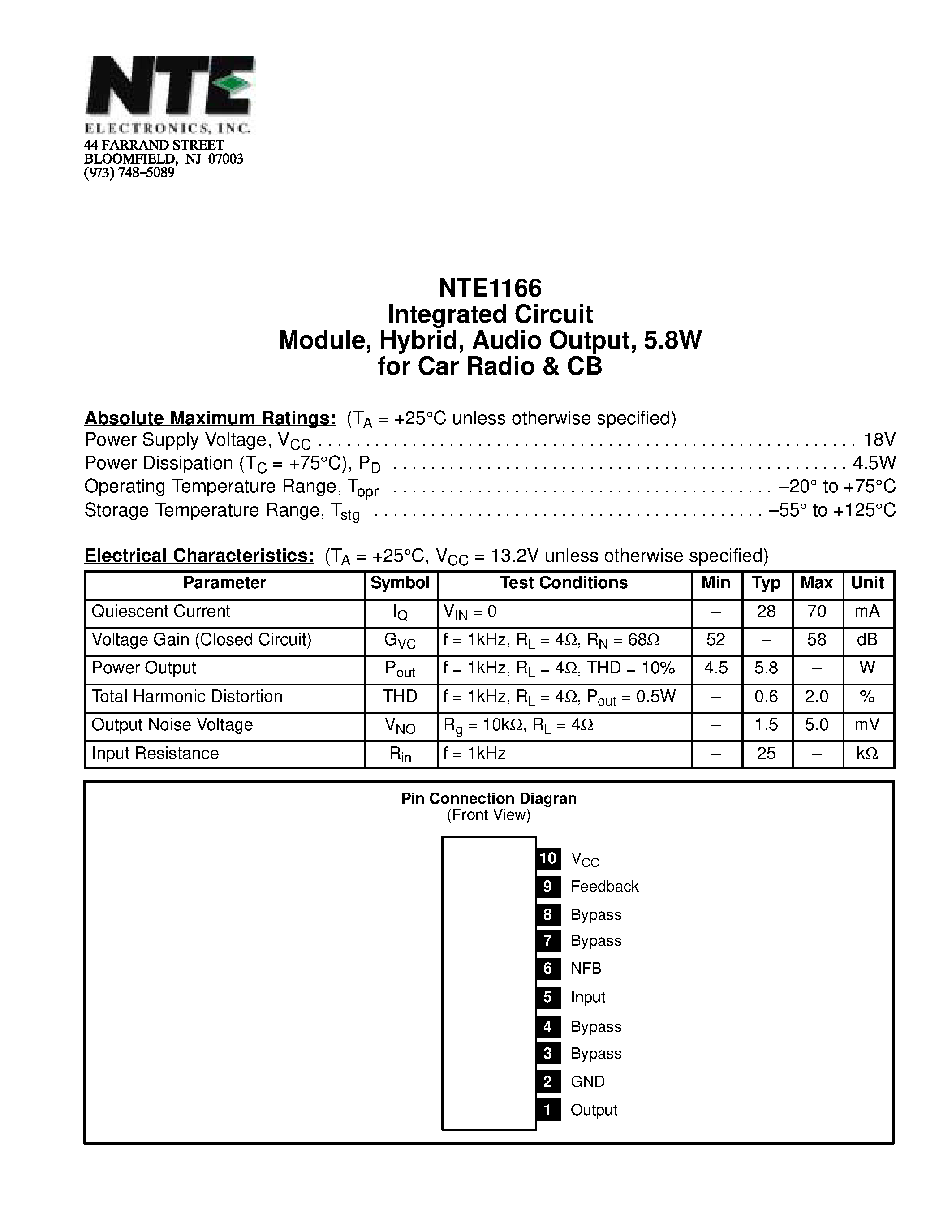 Datasheet NTE1166 - Integrated Circuit Module / Hybrid / Audio Output / 5.8W for Car Radio & CB page 1
