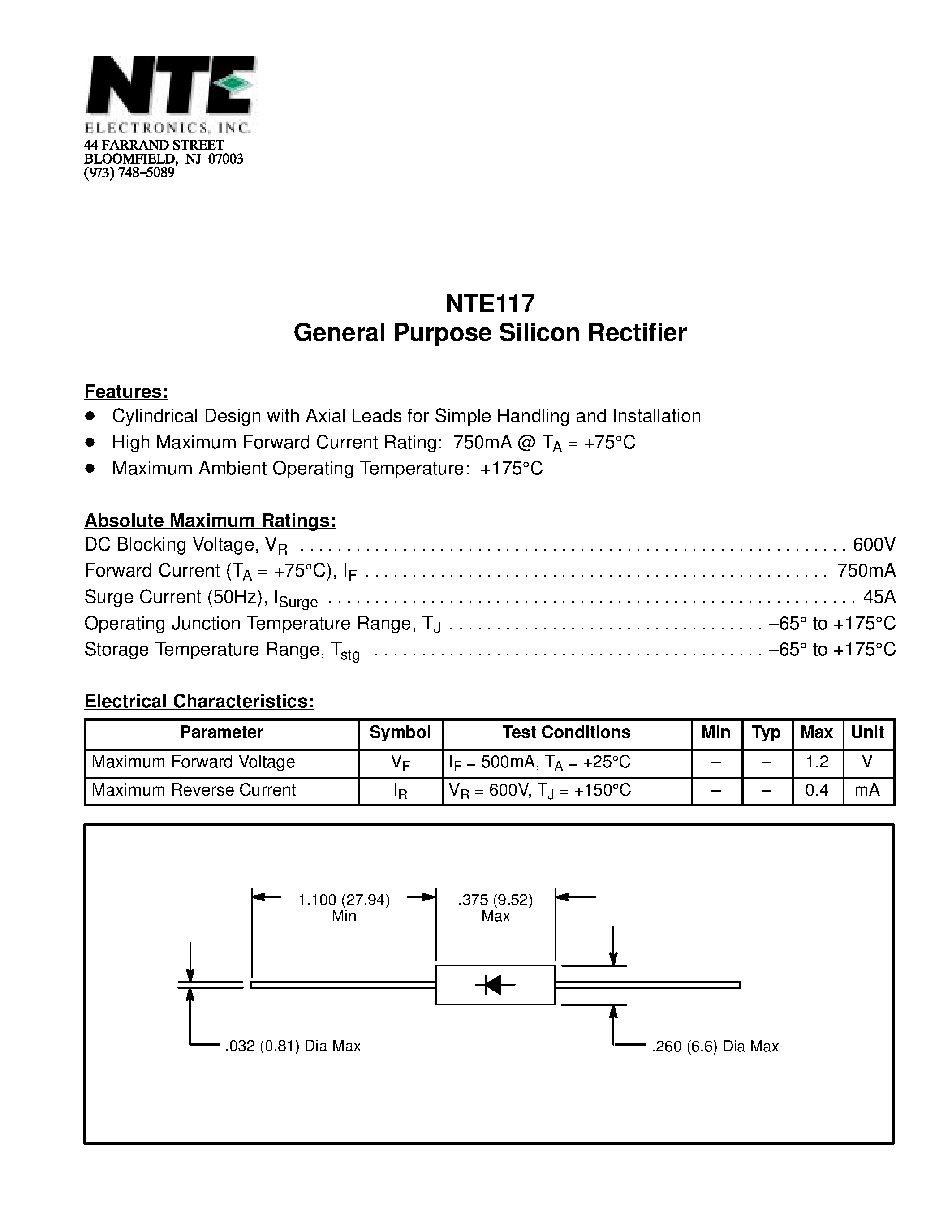 Даташит NTE117 - General Purpose Silicon Rectifier страница 1