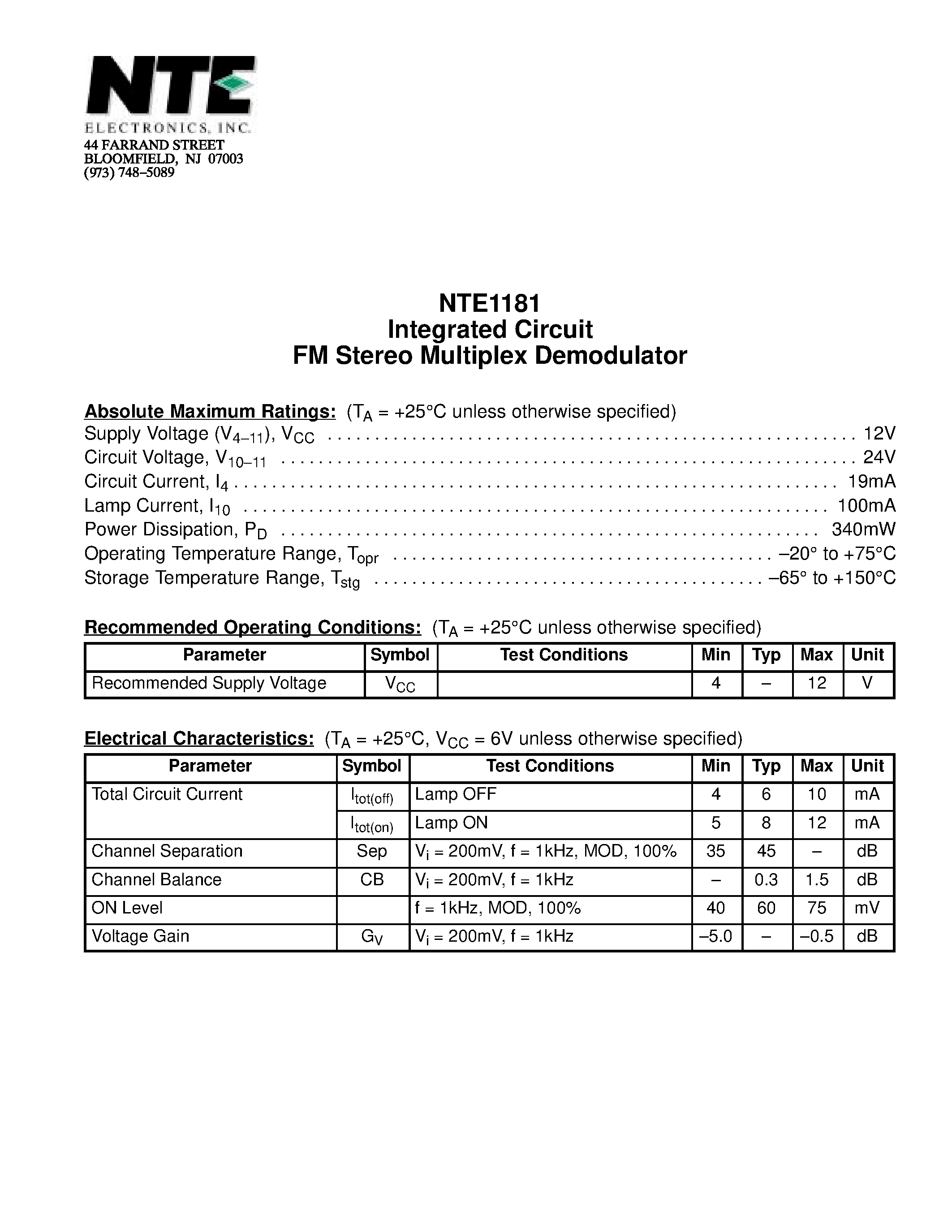 Даташит NTE1181 - Integrated Circuit FM Stereo Multiplex Demodulator страница 1