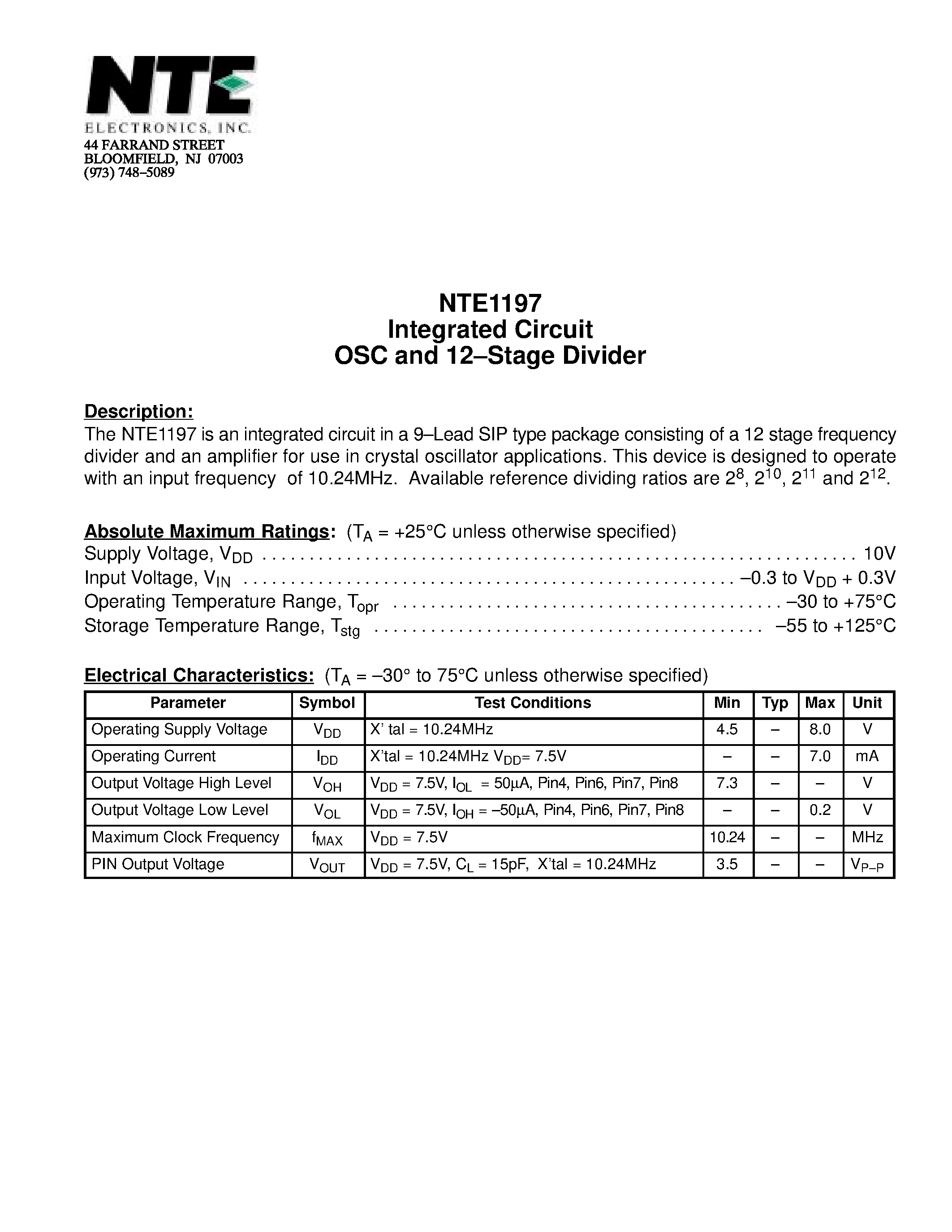 Datasheet NTE1197 - Integrated Circuit OSC and 12-Stage Divider page 1