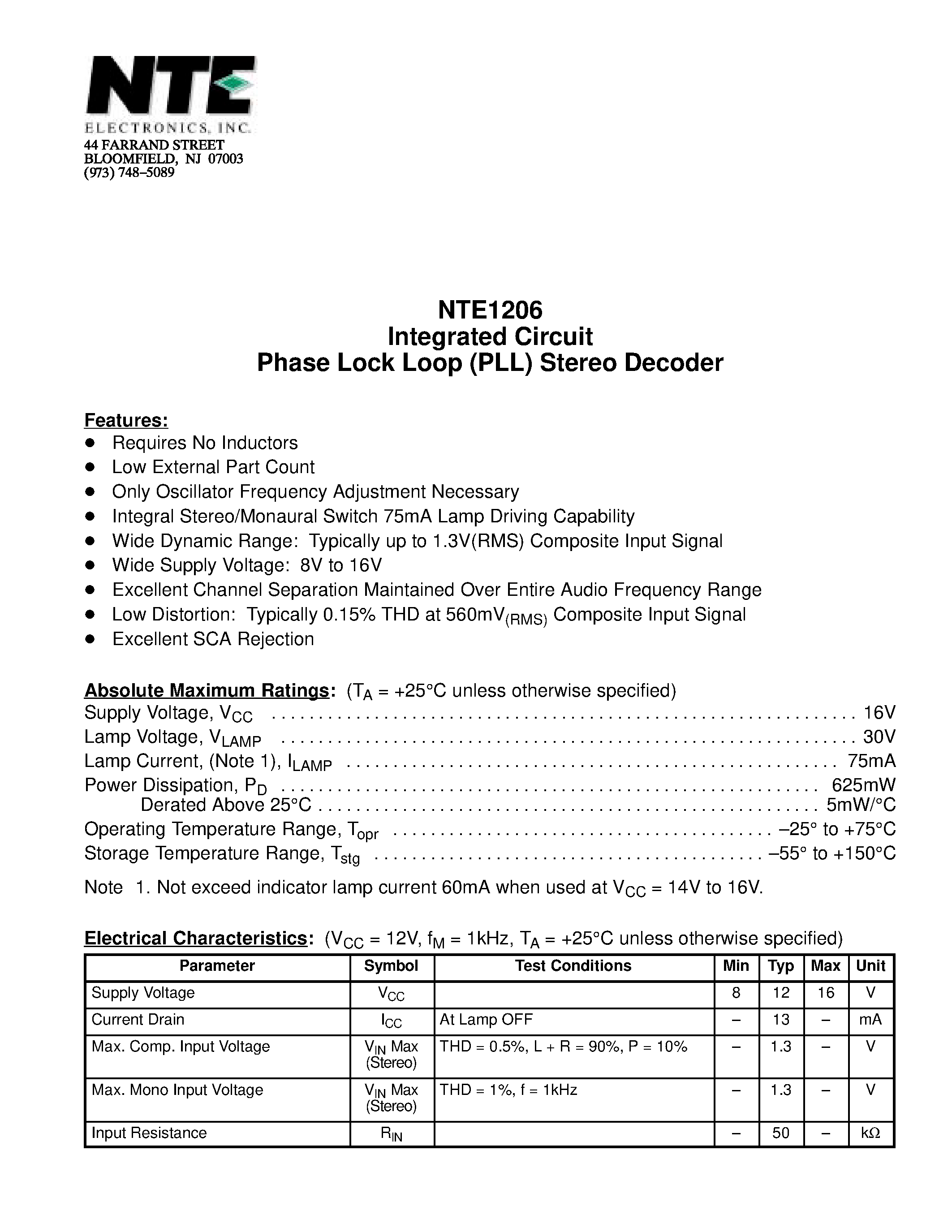 Даташит NTE1206 - Integrated Circuit Phase Lock Loop (PLL) Stereo Decoder страница 1