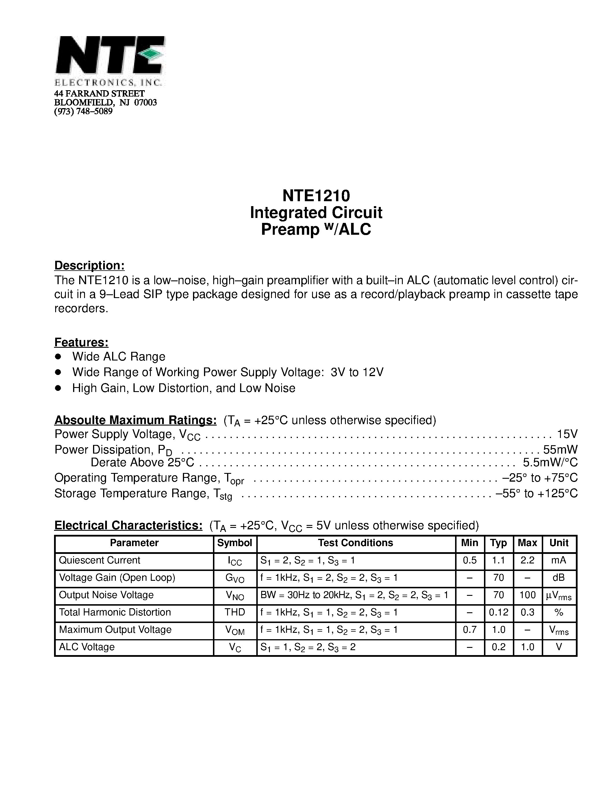 Даташит NTE1210 - Integrated Circuit Preamp w/ALC страница 1