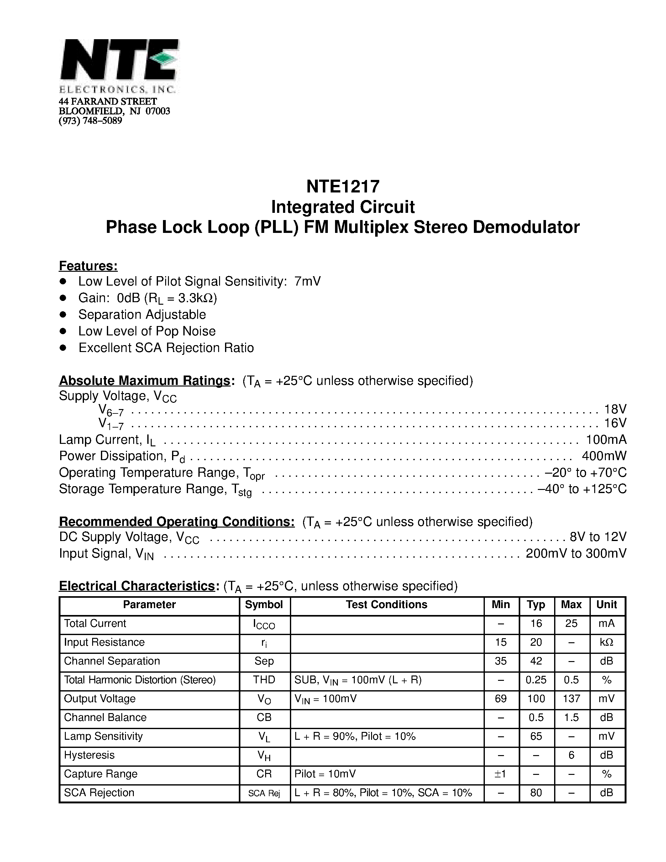 Даташит NTE1217 - Integrated Circuit Phase Lock Loop (PLL) FM Multiplex Stereo Demodulator страница 1