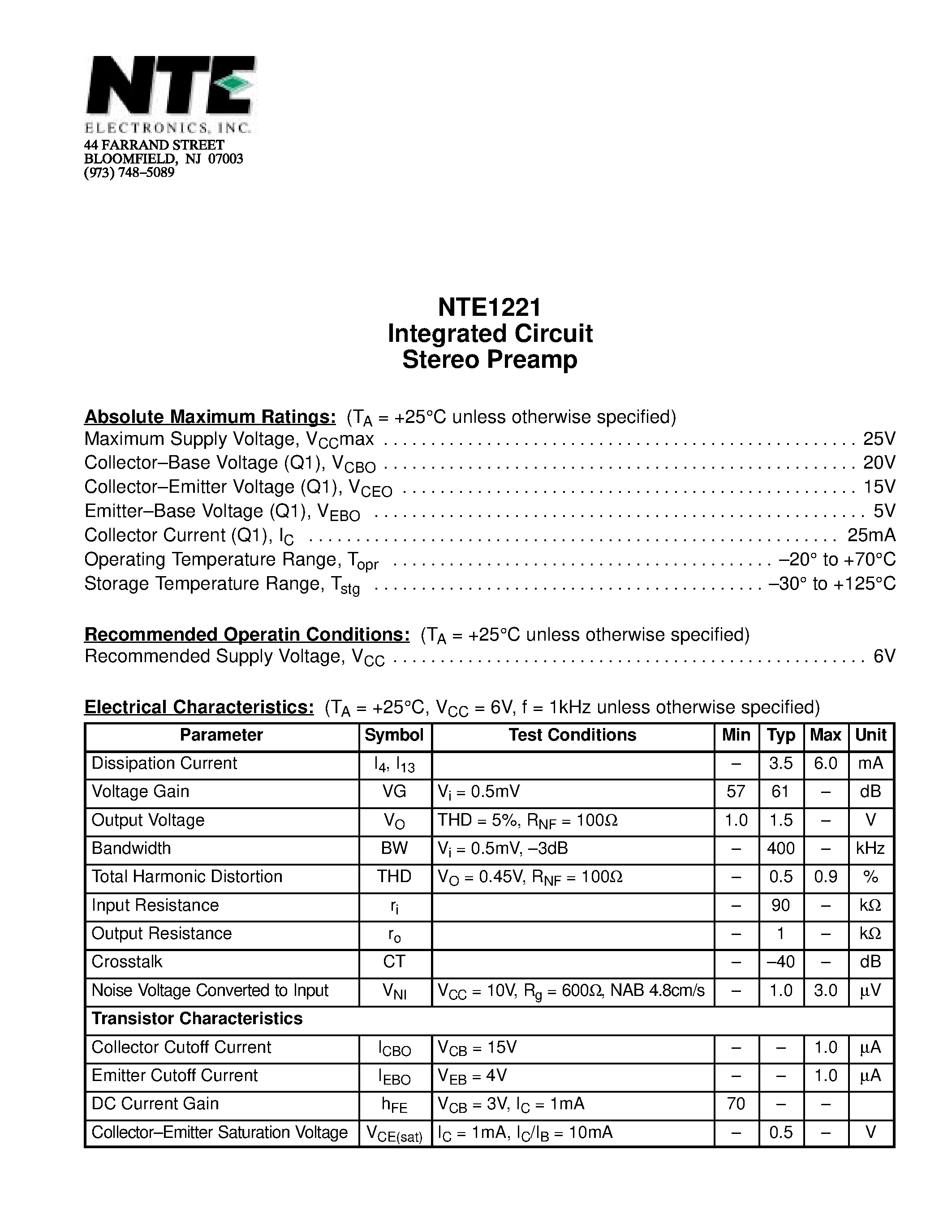 Даташит NTE1221 - Integrated Circuit Stereo Preamp страница 1
