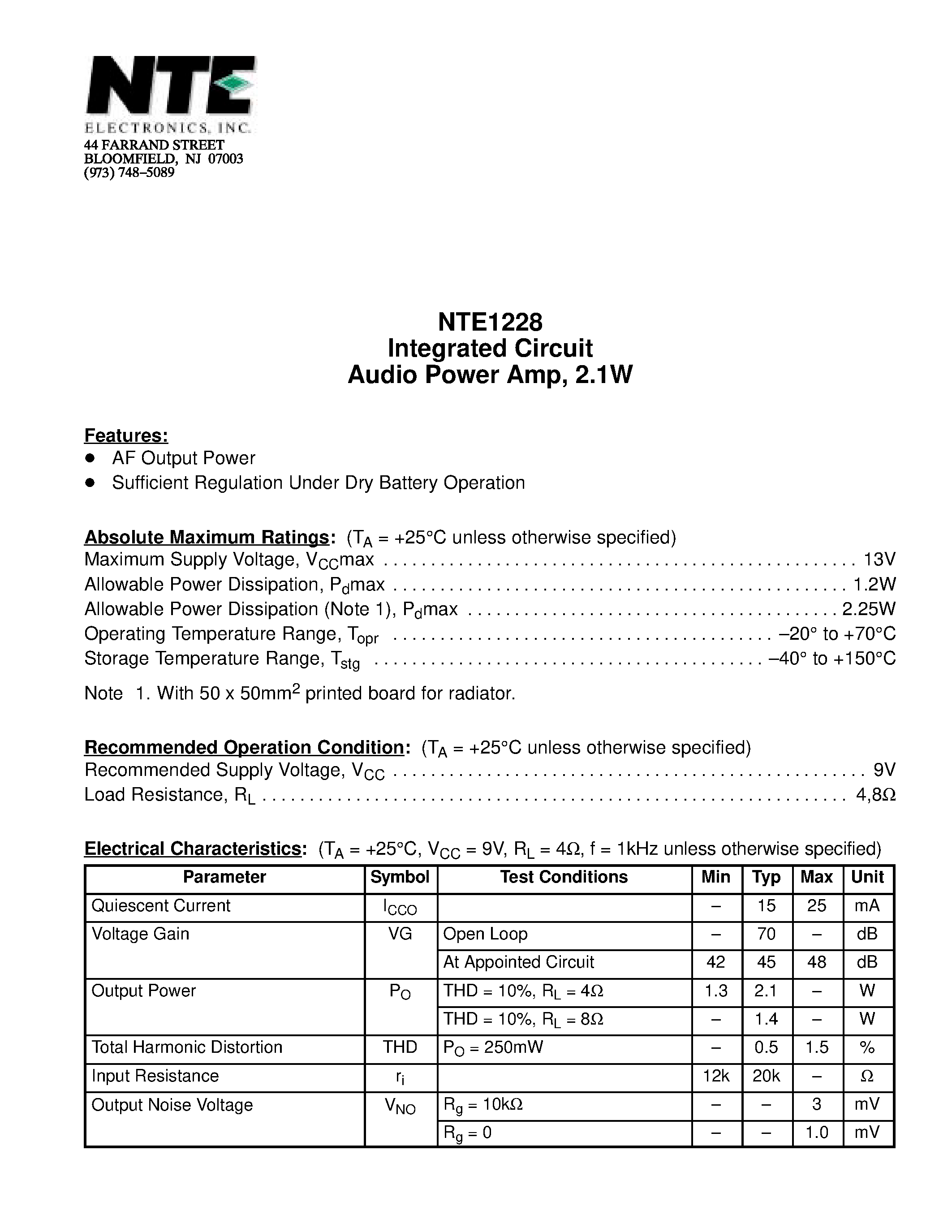 Datasheet NTE1228 - Integrated Circuit Audio Power Amp / 2.1W page 1