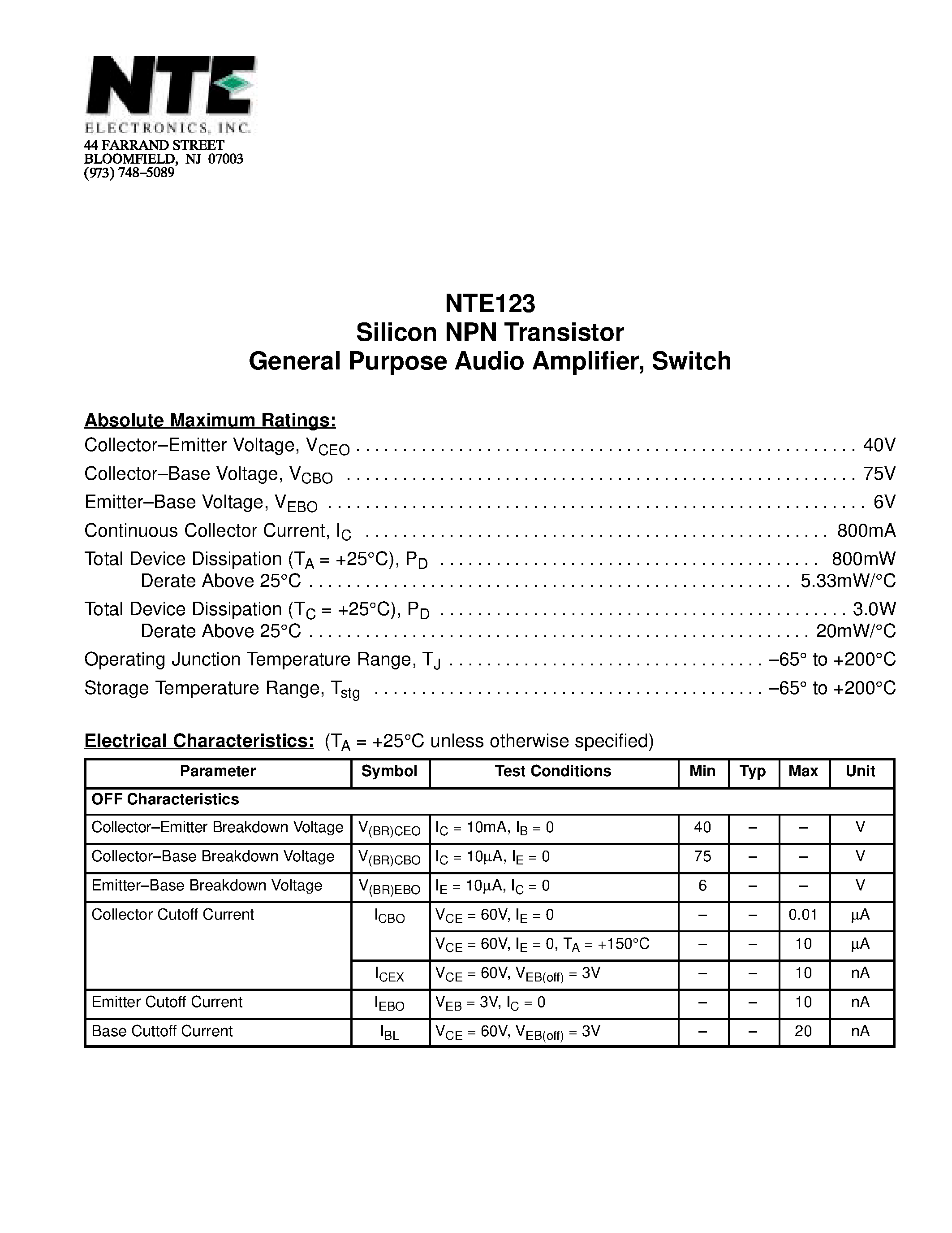 Datasheet NTE123 - Silicon NPN Transistor General Purpose Audio Amplifier / Switch page 1