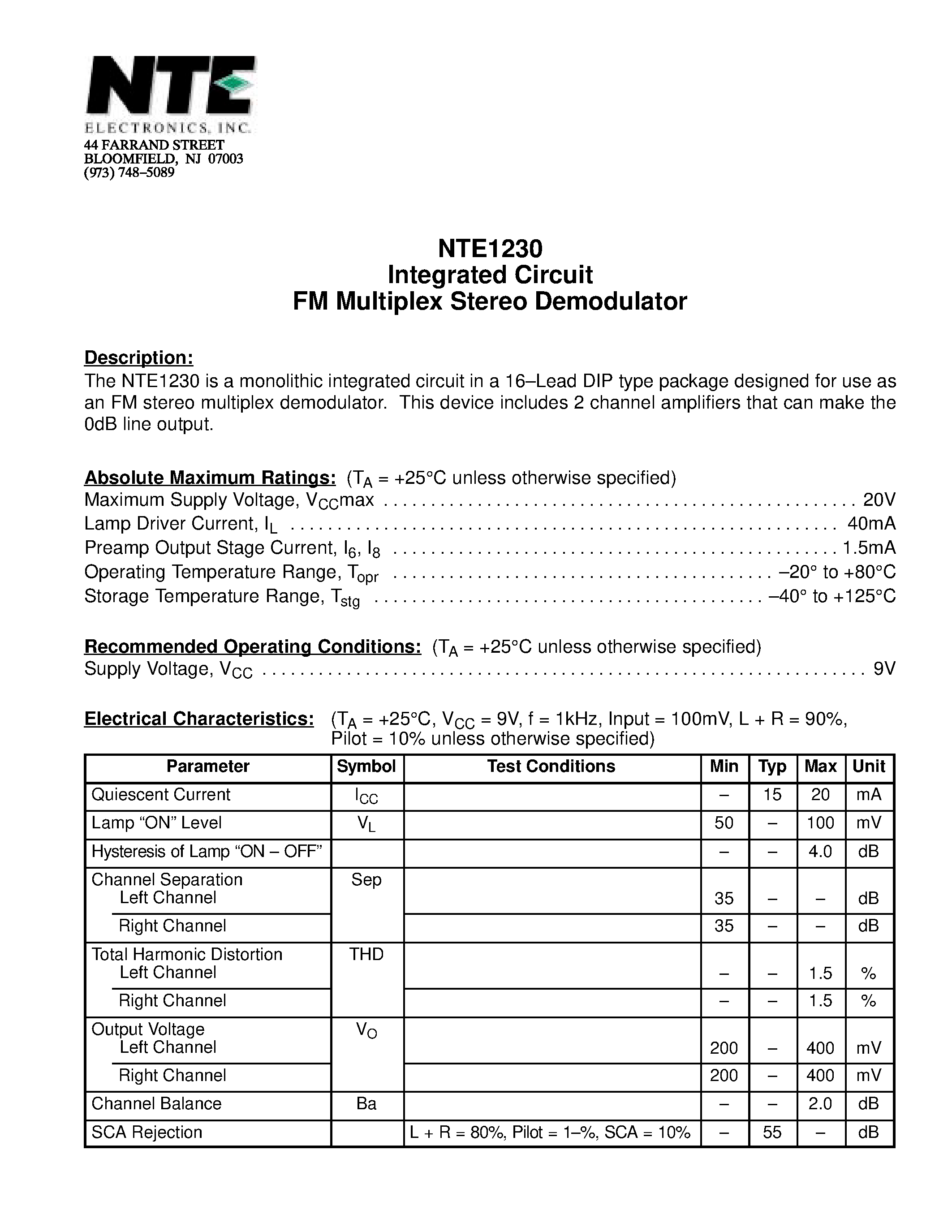 Даташит NTE1230 - Integrated Circuit FM Multiplex Stereo Demodulator страница 1
