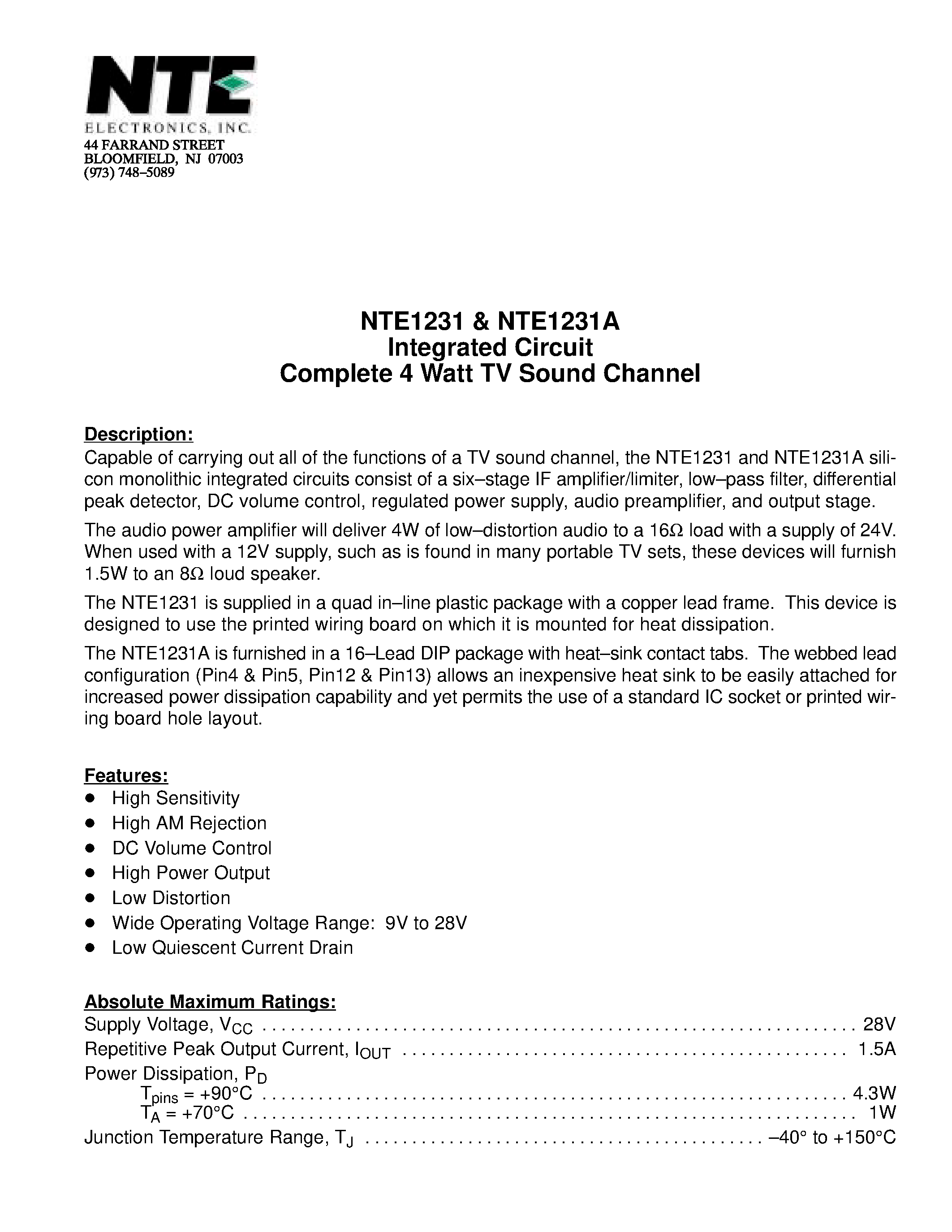 Datasheet NTE1231A - Integrated Circuit Complete 4 Watt TV Sound Channel page 1