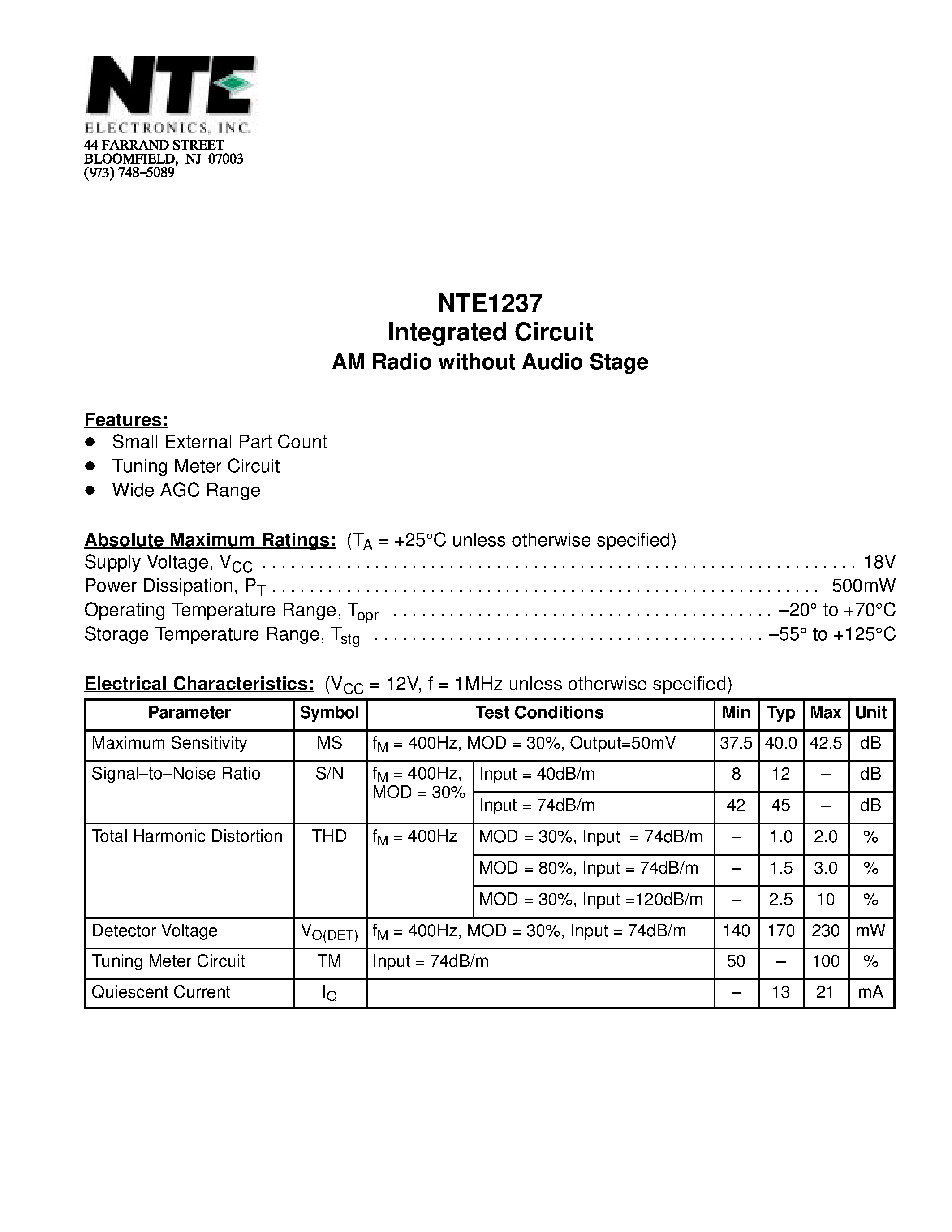 Datasheet NTE1237 - Integrated Circuit AM Radio without Audio Stage page 1