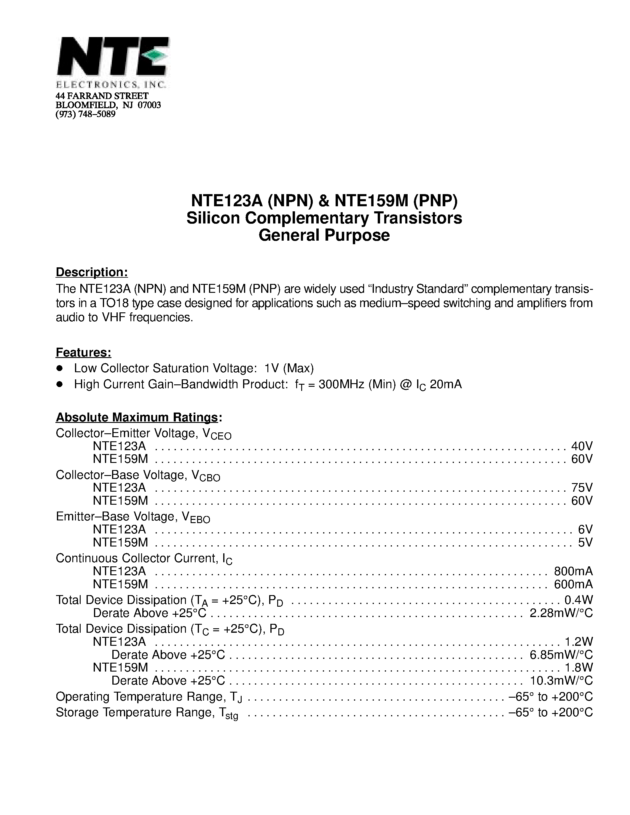 Datasheet NTE123A - Silicon Complementary Transistors General Purpose page 1