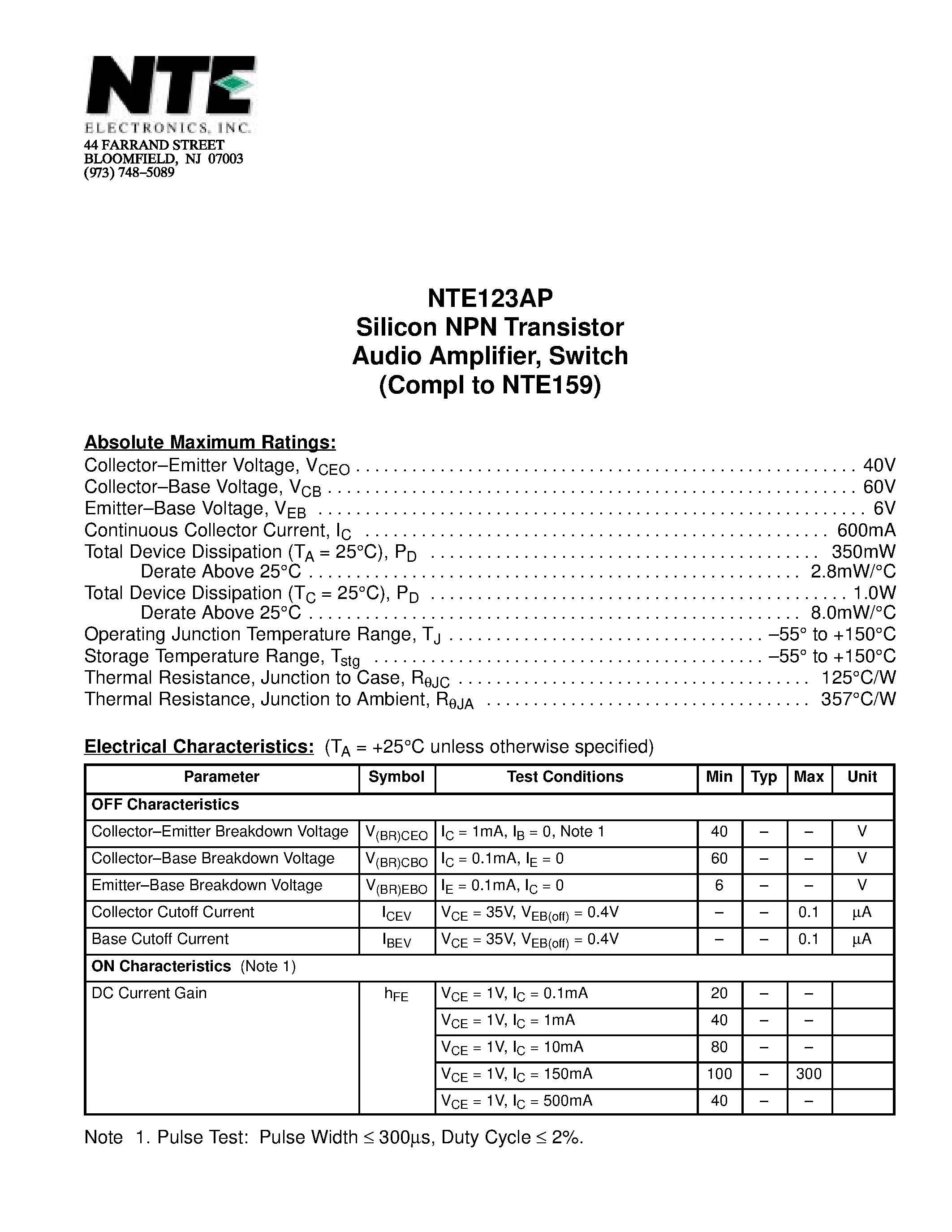 Datasheet NTE123AP - Silicon NPN Transistor Audio Amplifier / Switch (Compl to NTE159) page 1