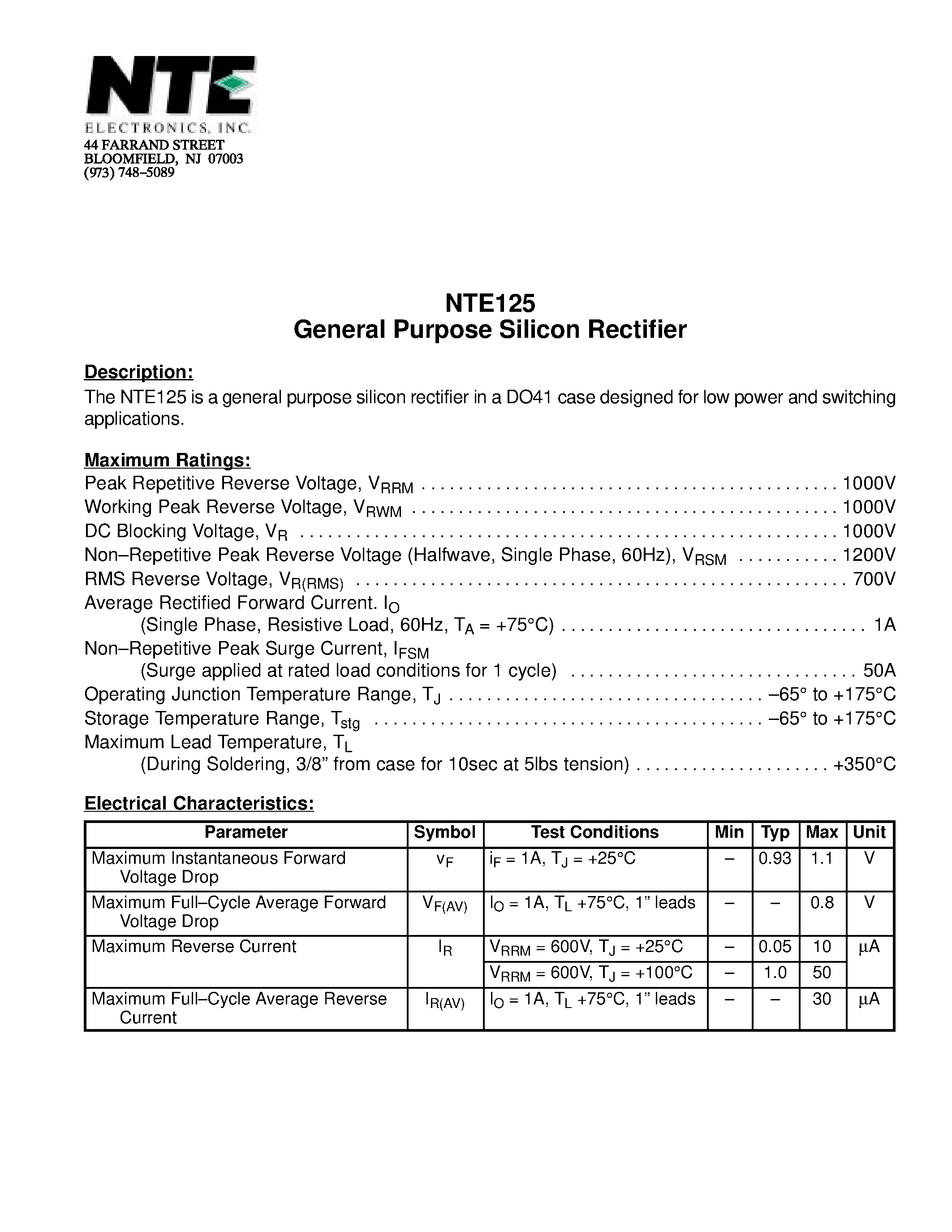 Даташит NTE125 - General Purpose Silicon Rectifier страница 1