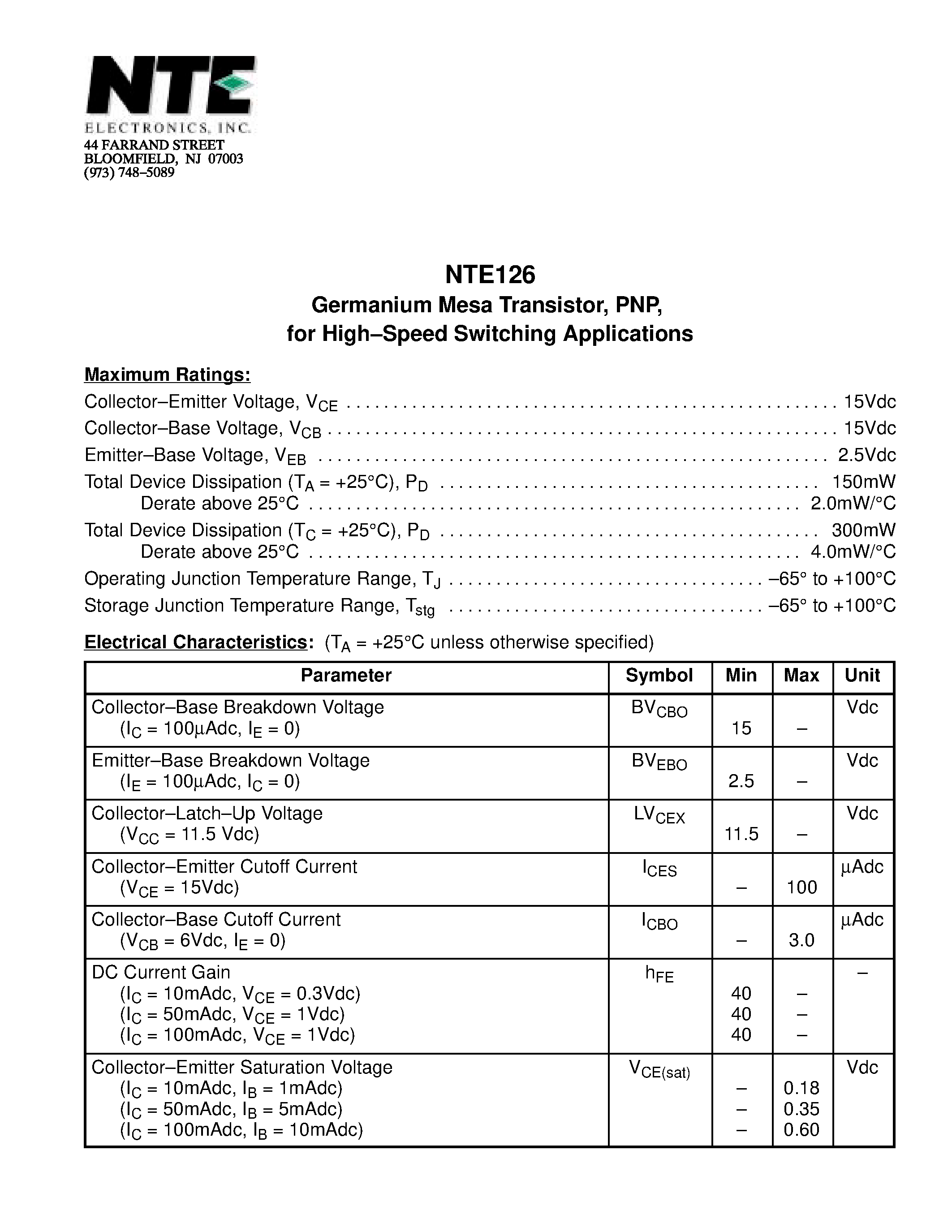 Datasheet NTE126 page 1 Datasheet NTE126 - Germanium Mesa Transistor / PNP / for High-Speed Switching Applications page 1