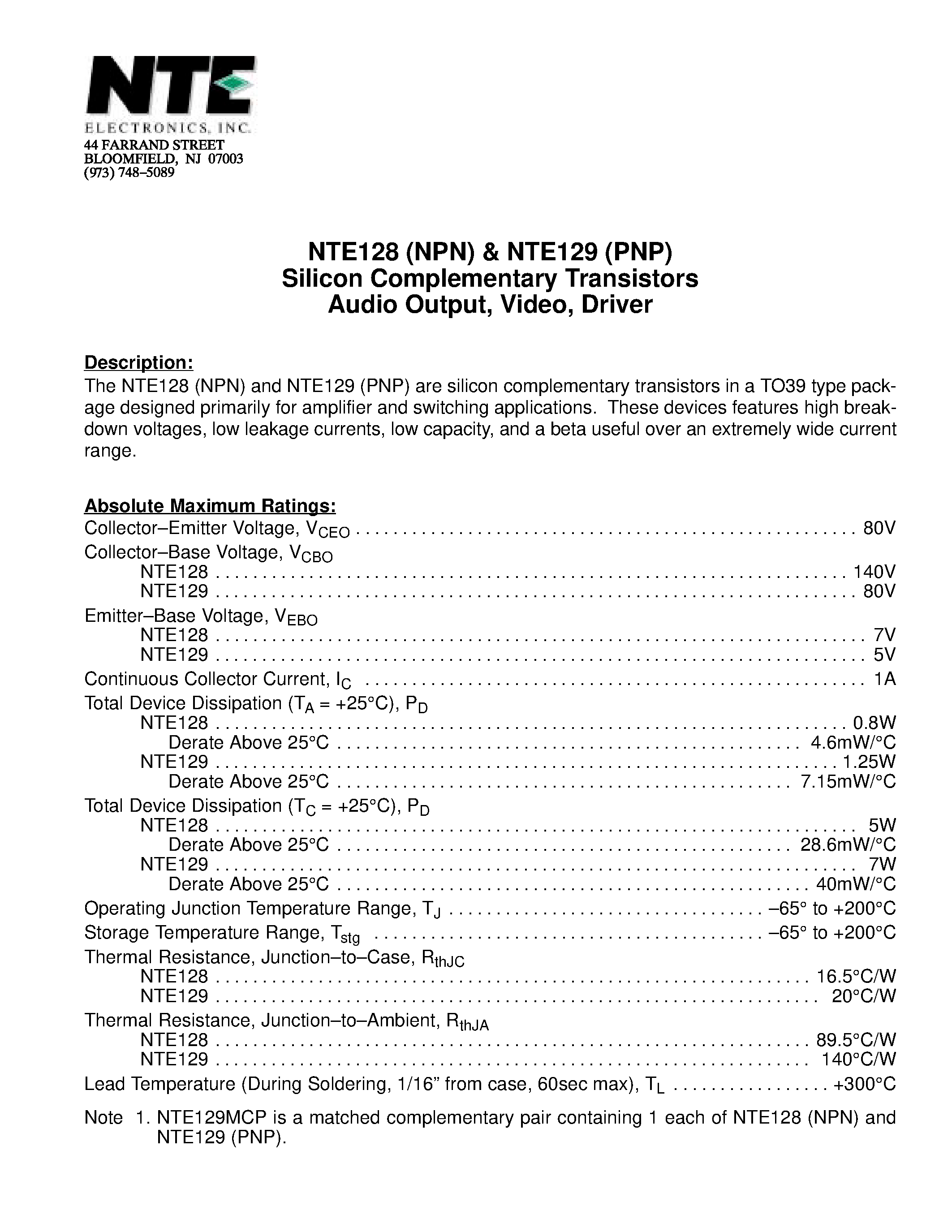 Datasheet NTE128 - Silicon Complementary Transistors Audio Output / Video / Driver page 1