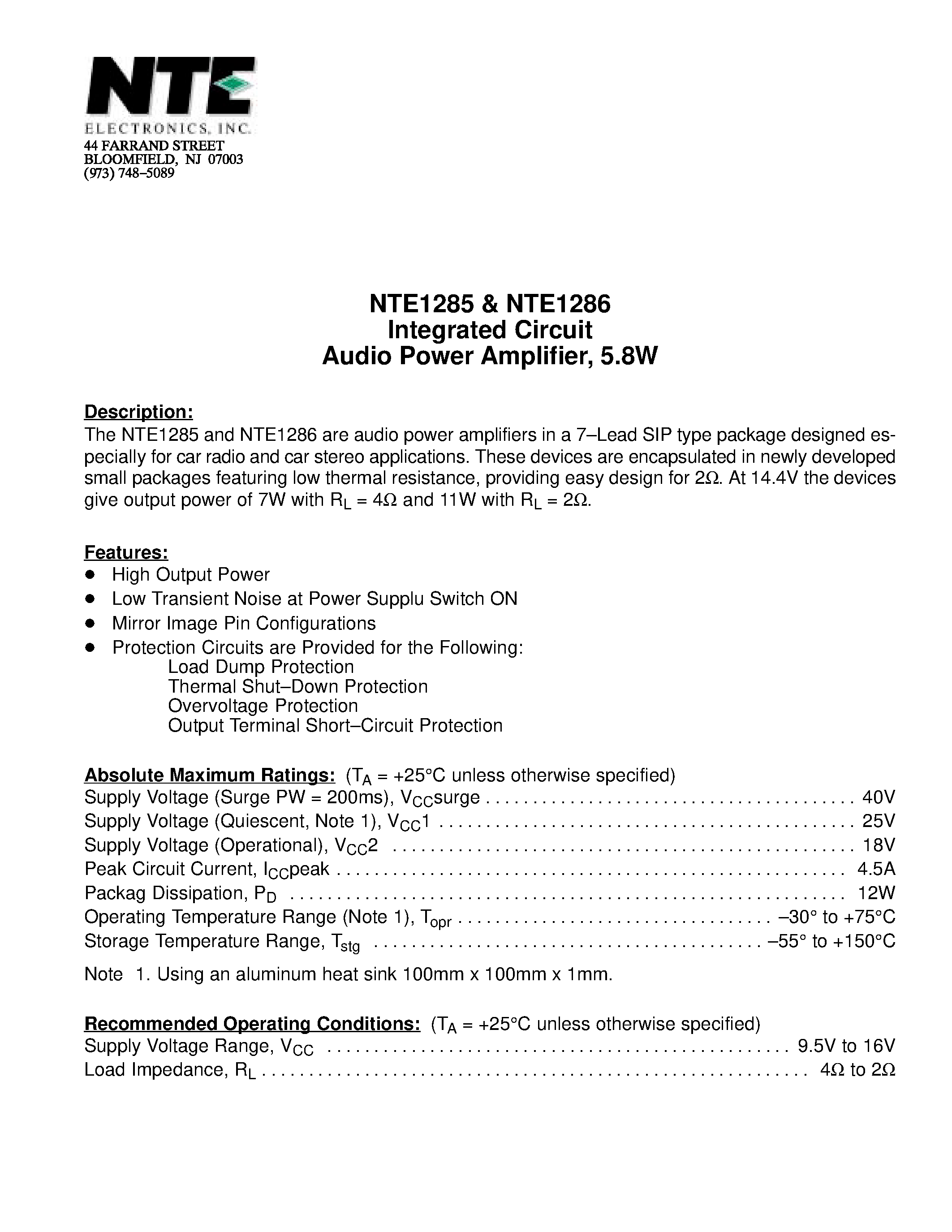 Datasheet NTE1285 - Integrated Circuit Audio Power Amplifier / 5.8W page 1